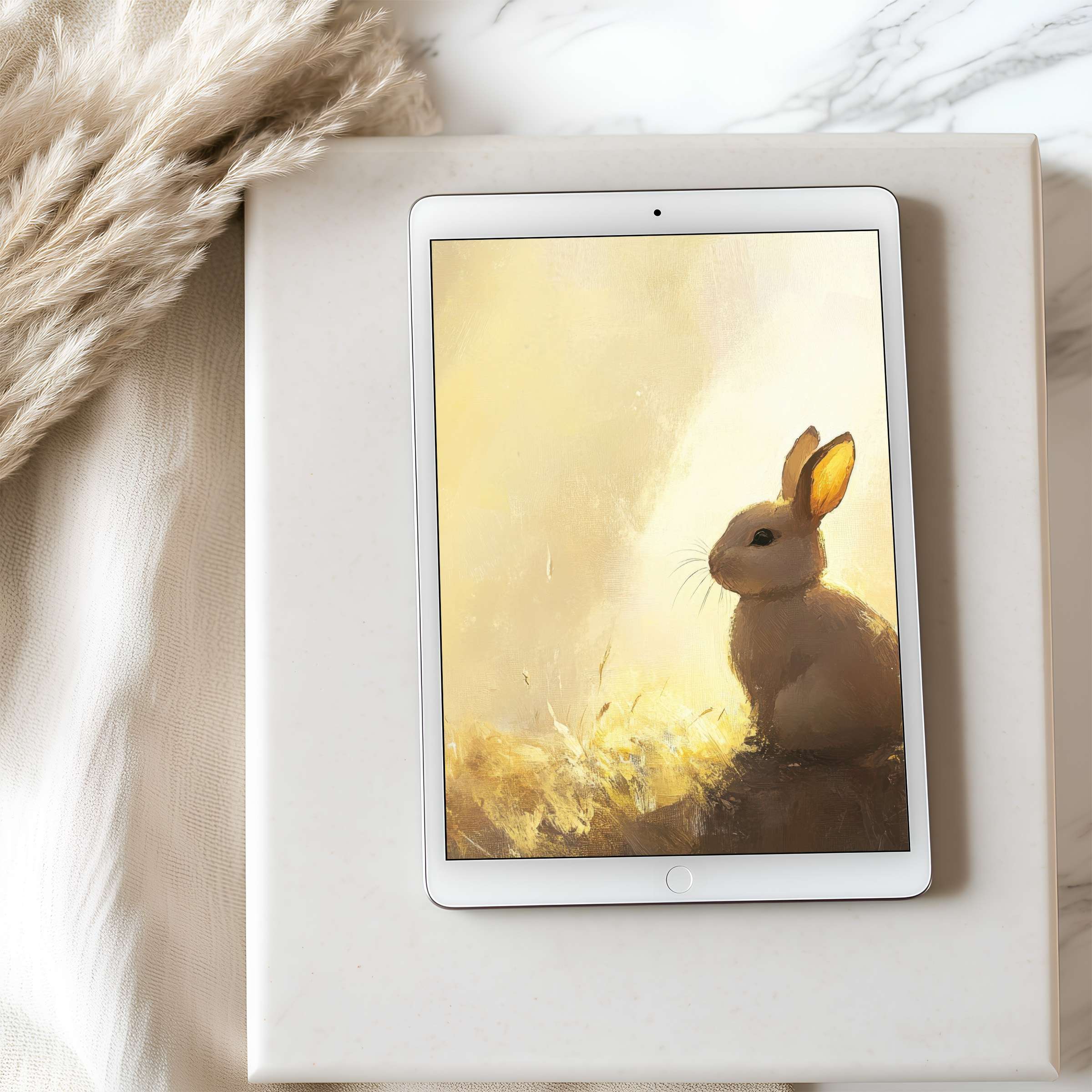 Elegant tablet wallpaper with a serene rabbit motif in soft earth tones, perfect for high-resolution iPad downloads, enhancing calm spaces