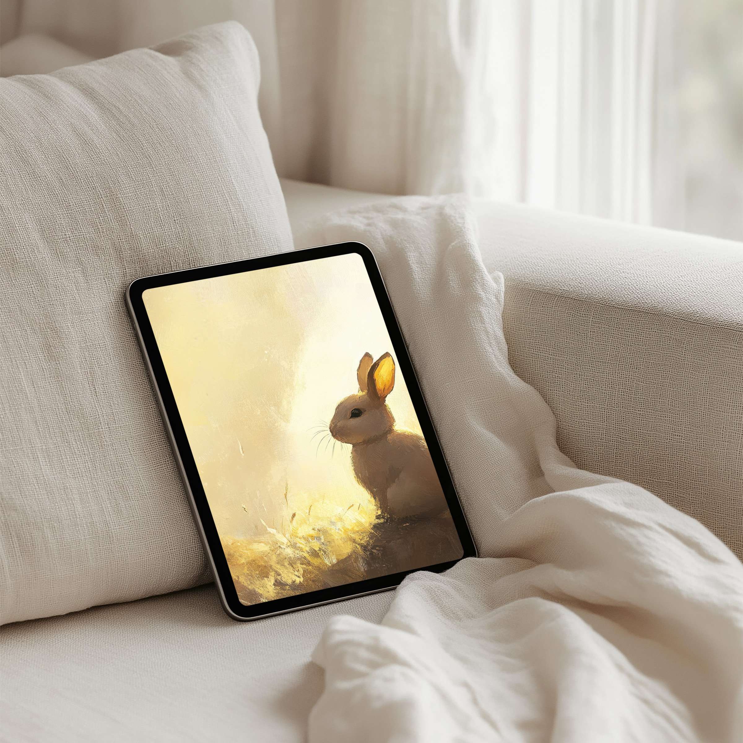 Elegant rabbit art in soft pastels for iPad background inspires calm mindfulness instant download fits all tablets