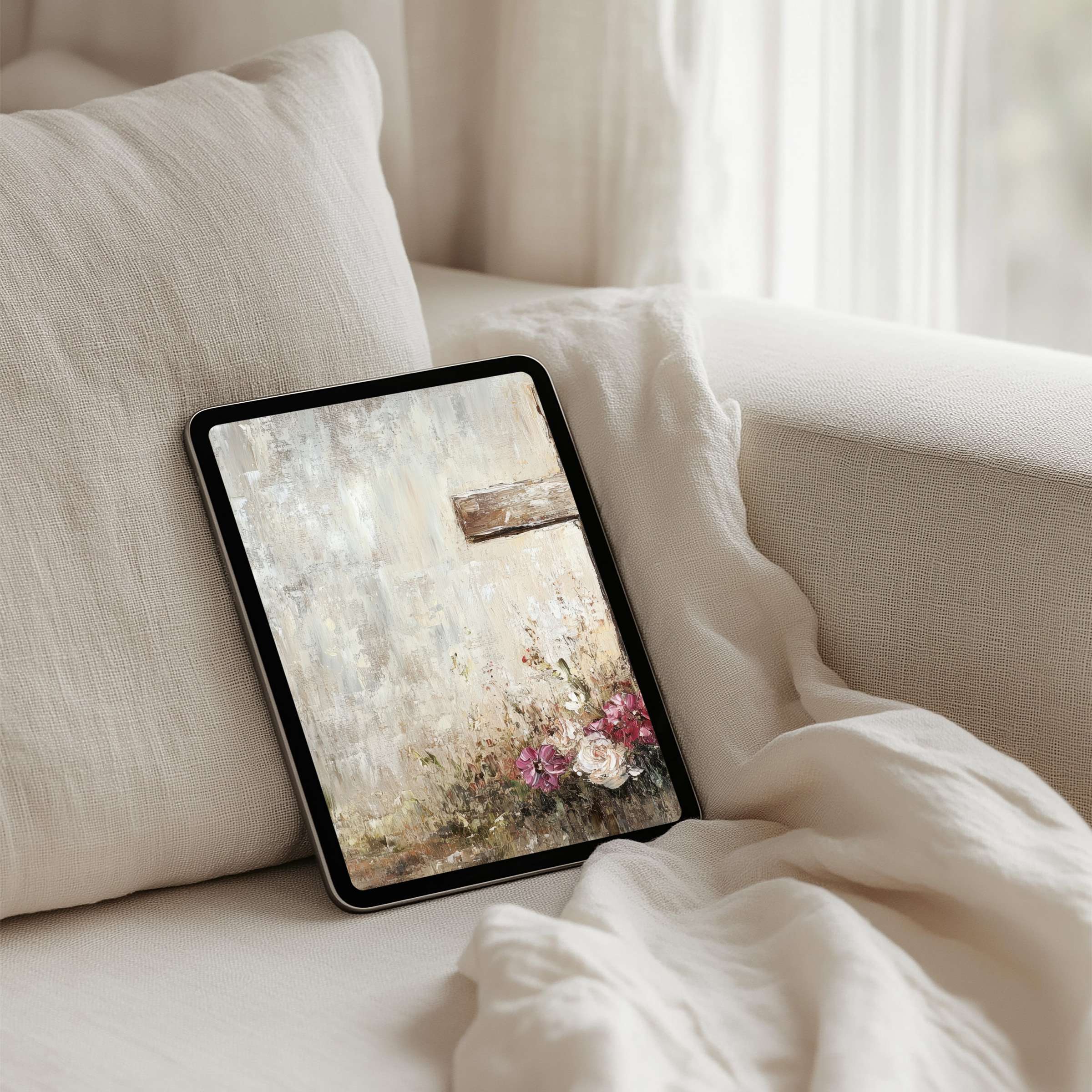 Elegant floral iPad background featuring soft pastels, offering a calm, inspirational instant download for any tablet ambiance