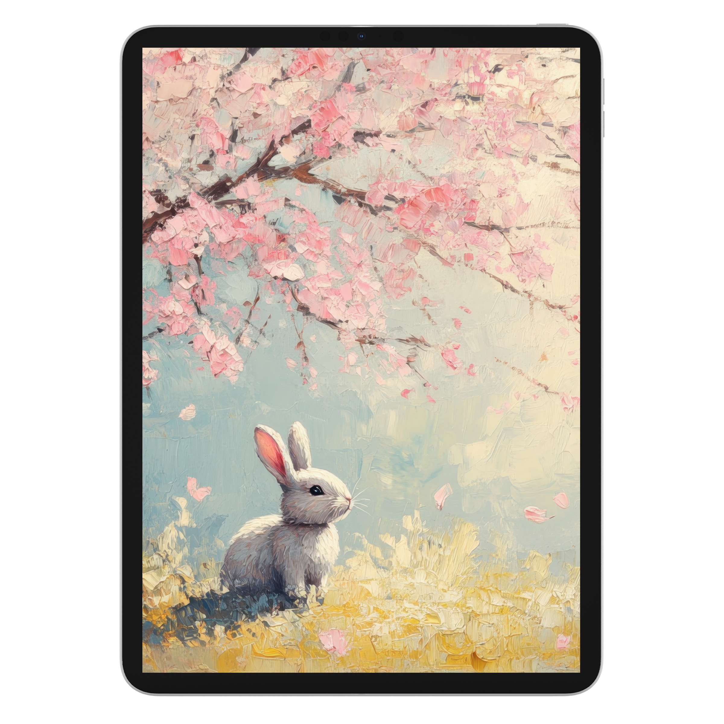 Easter iPad wallpaper showcasing a serene bunny under cherry blossoms, perfect digital download for elegant tablet background art