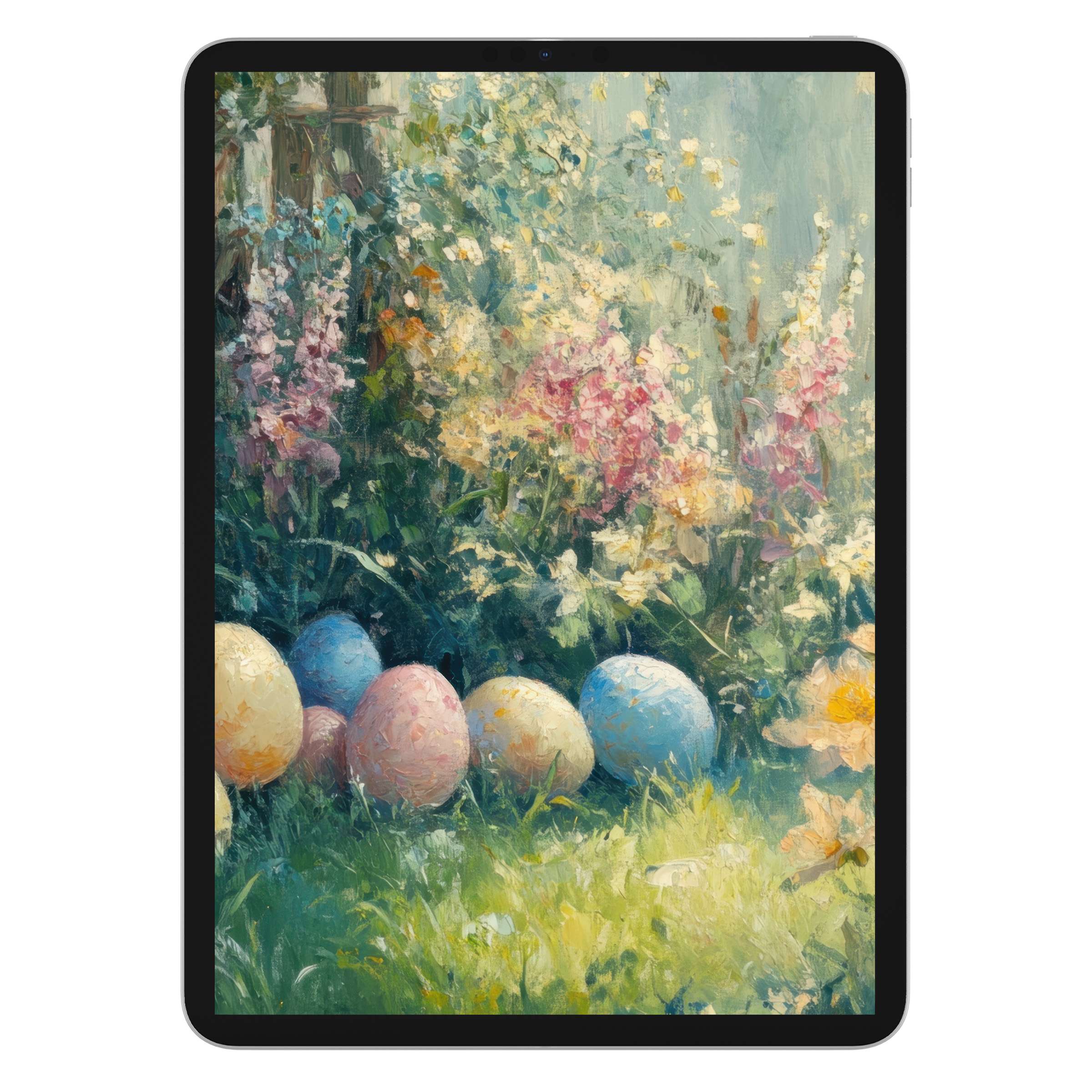 Easter iPad wallpaper featuring pastel eggs amidst blooming spring flowers in an Impressionist style for a serene tablet background digital download