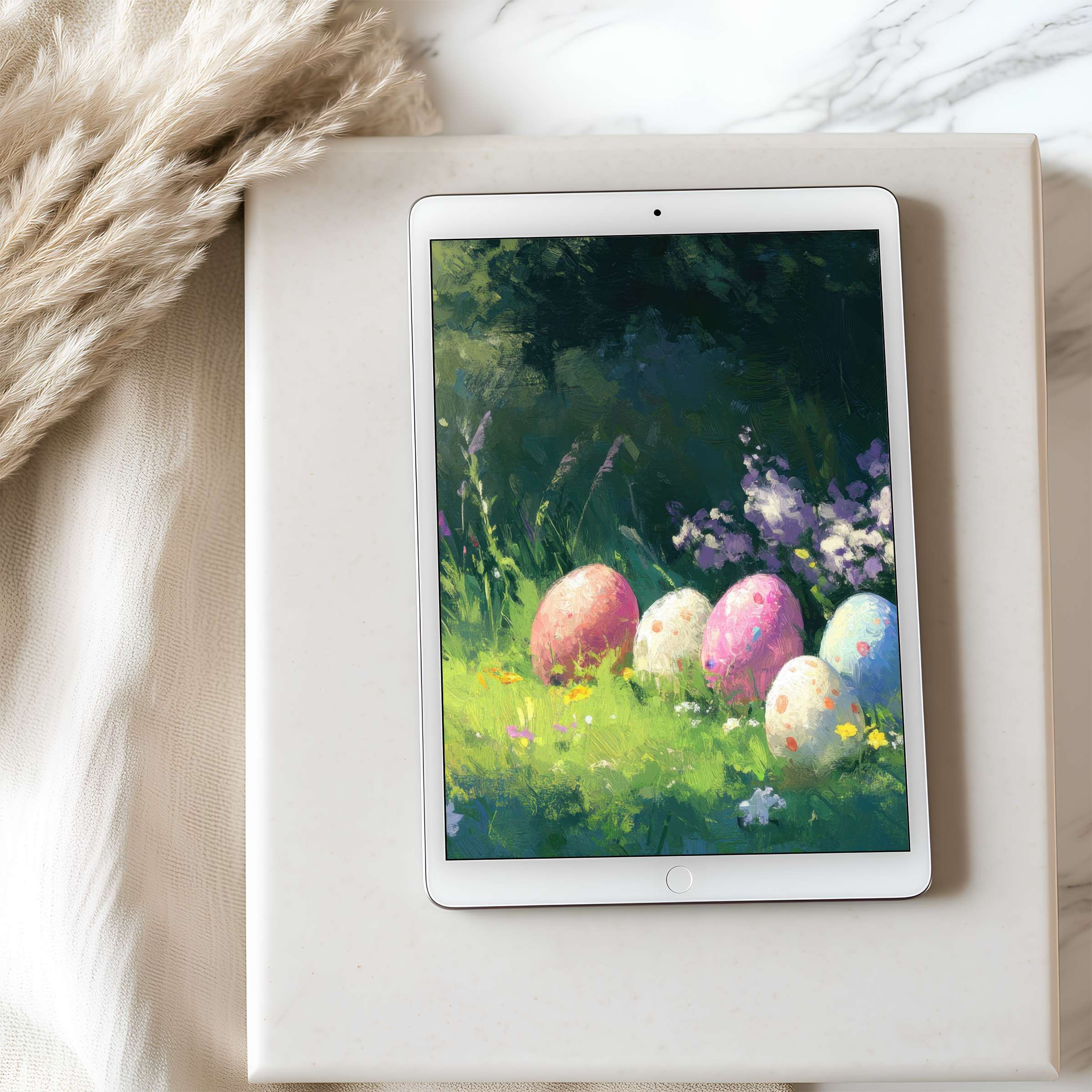 Elegant tablet wallpaper featuring pastel eggs in a lush garden, ideal for design-conscious users seeking a calm iPad digital download