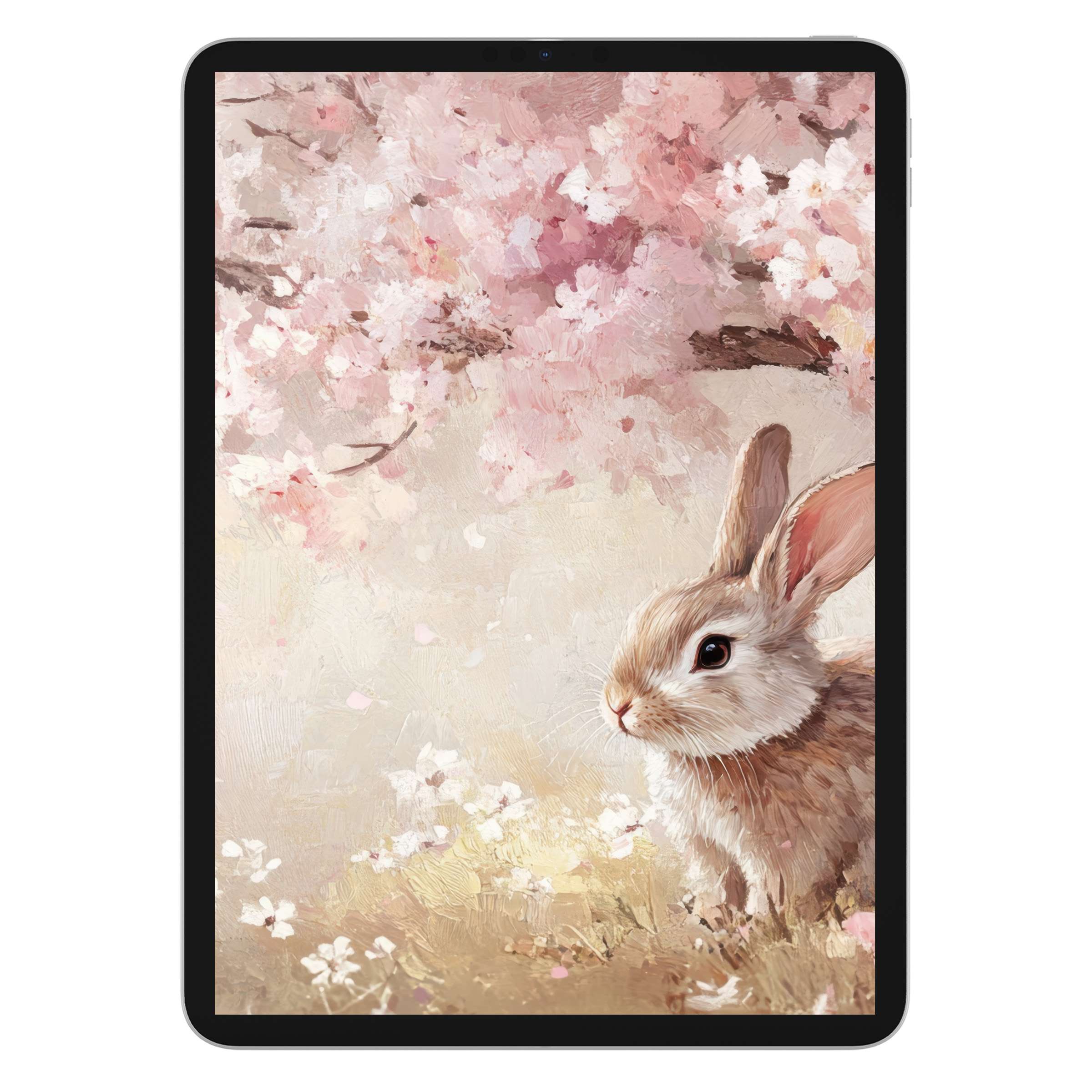 Easter iPad wallpaper featuring a serene rabbit under pink blossoms offers a soothing digital download for tablet backgrounds