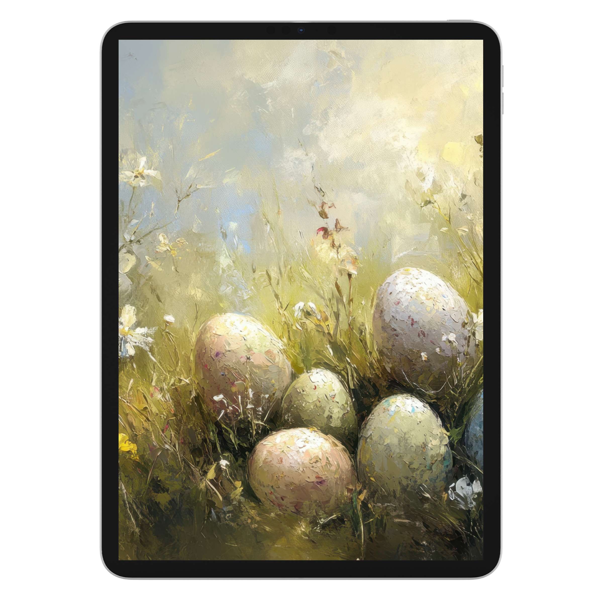 Elegant easter iPad wallpaper with pastel eggs in floral field digital download for serene tablet background ambiance