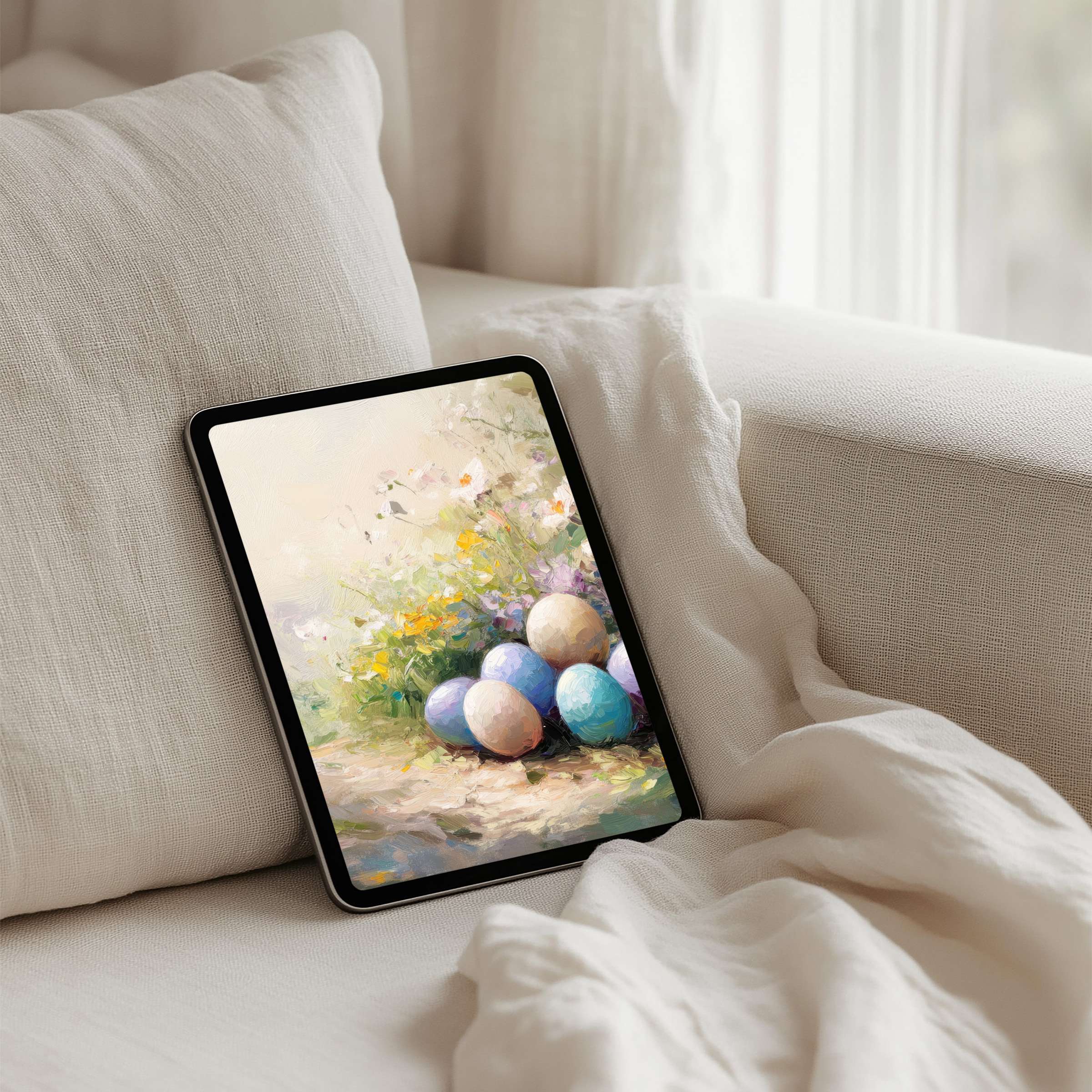 Elegant floral iPad background with pastel eggs for instant download fits Samsung and Android tablets inspiring calm mindfulness