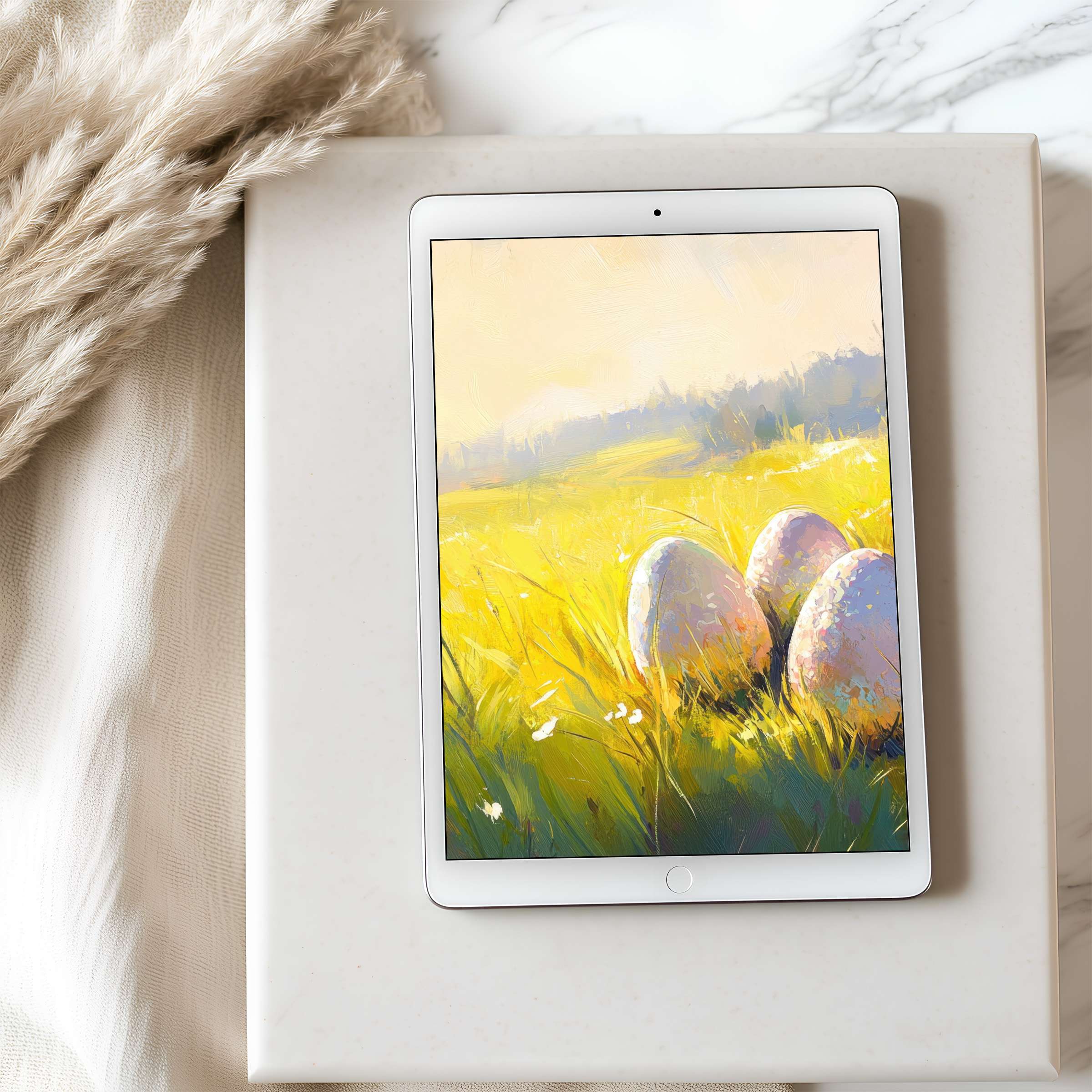 High resolution tablet wallpaper features serene yellow field with eggshell motif, perfect for iPad and Android devices, digital download