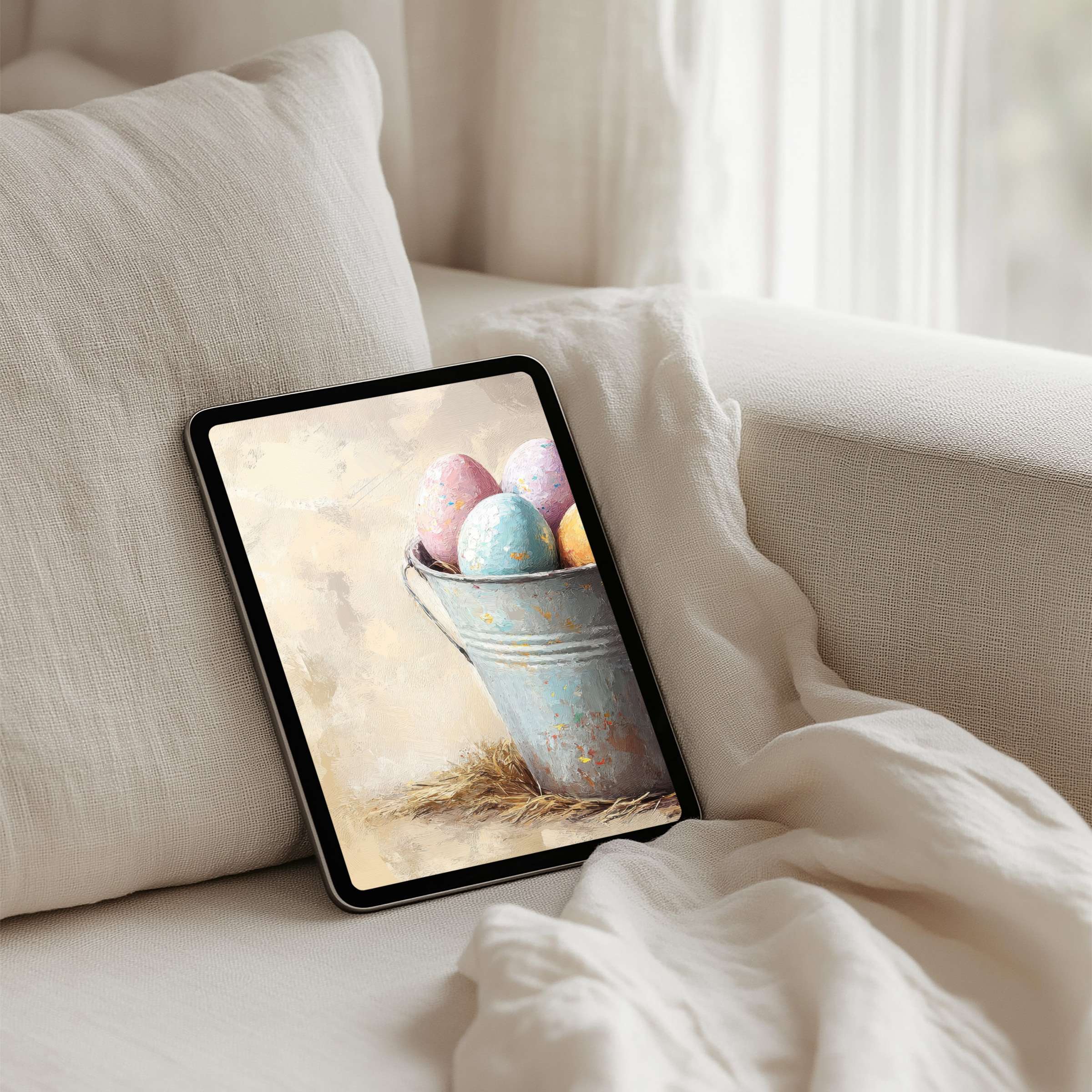 Elegant iPad background featuring pastel eggs in a rustic bucket on a tablet offers instant download for mindful inspiration