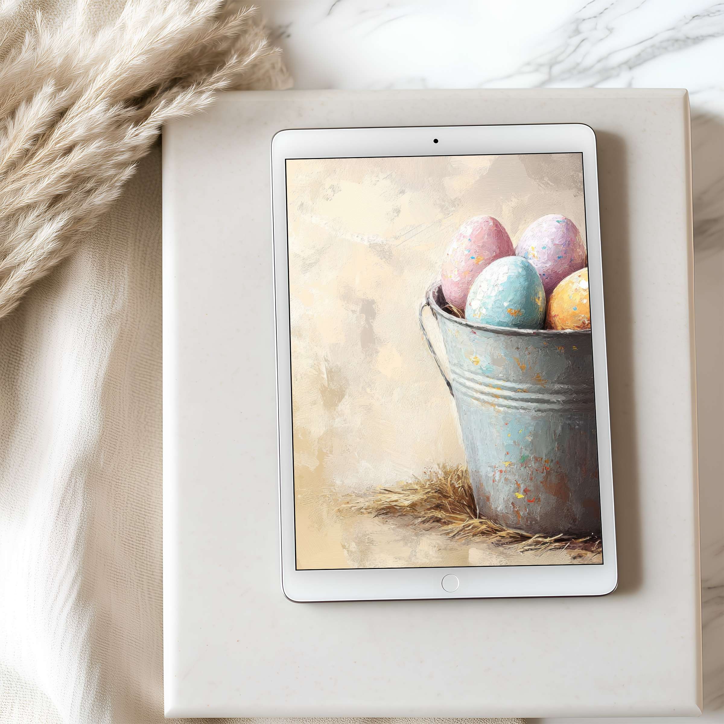 Elegant pastel tablet wallpaper featuring a bucket of colorful eggs, perfect for high resolution iPad downloads, evokes serenity