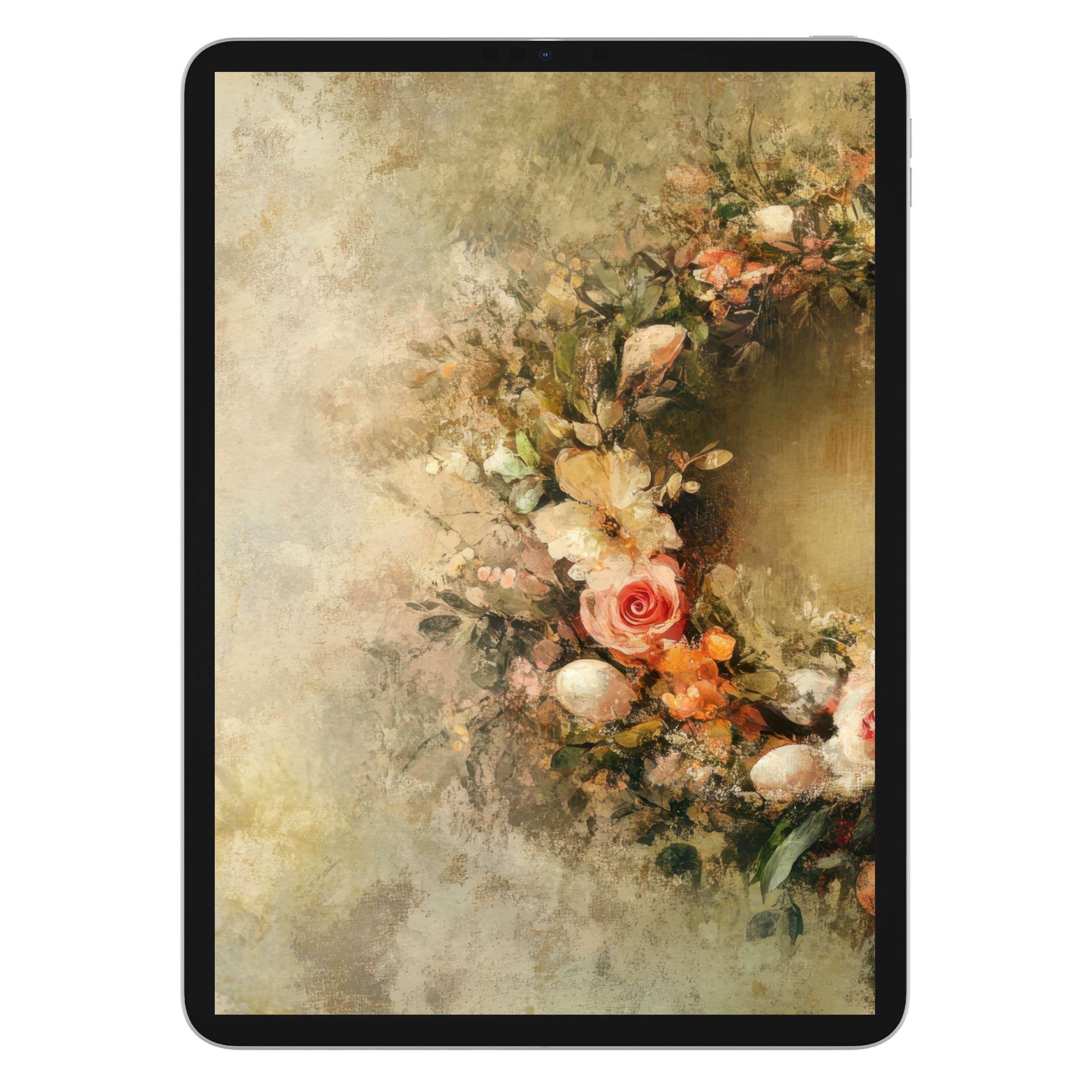 Elegant Easter iPad wallpaper featuring a floral wreath in soft pastels, ideal digital download tablet background for spring serenity