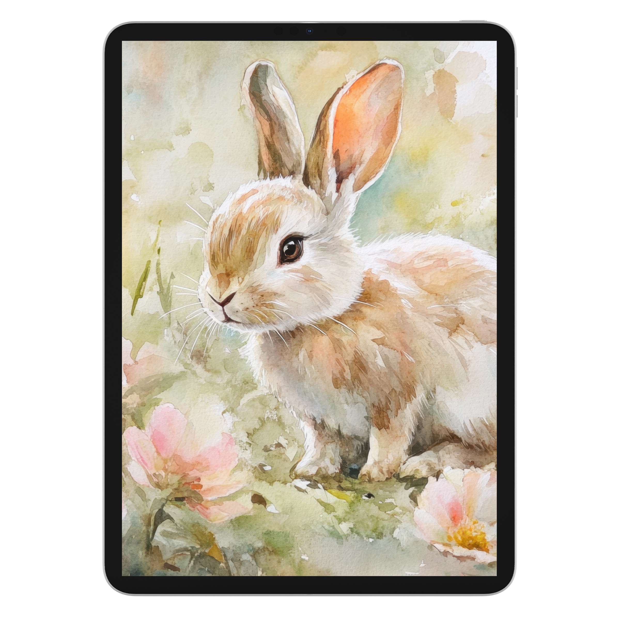 Easter iPad wallpaper featuring a watercolor bunny in soft pastels for a serene digital download background on any tablet device