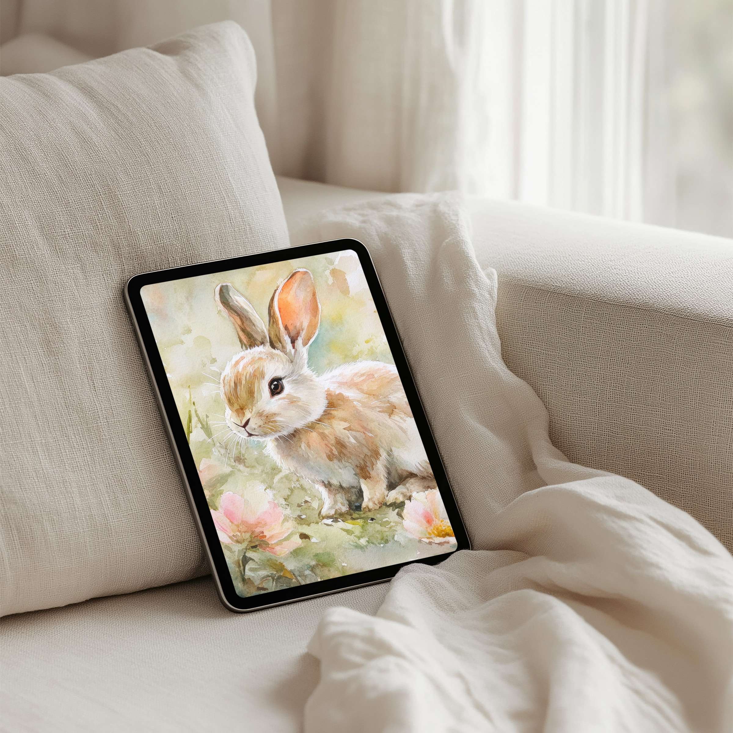 Elegant watercolor bunny iPad background for instant download brings calm and mindfulness, perfect for any tablet or device