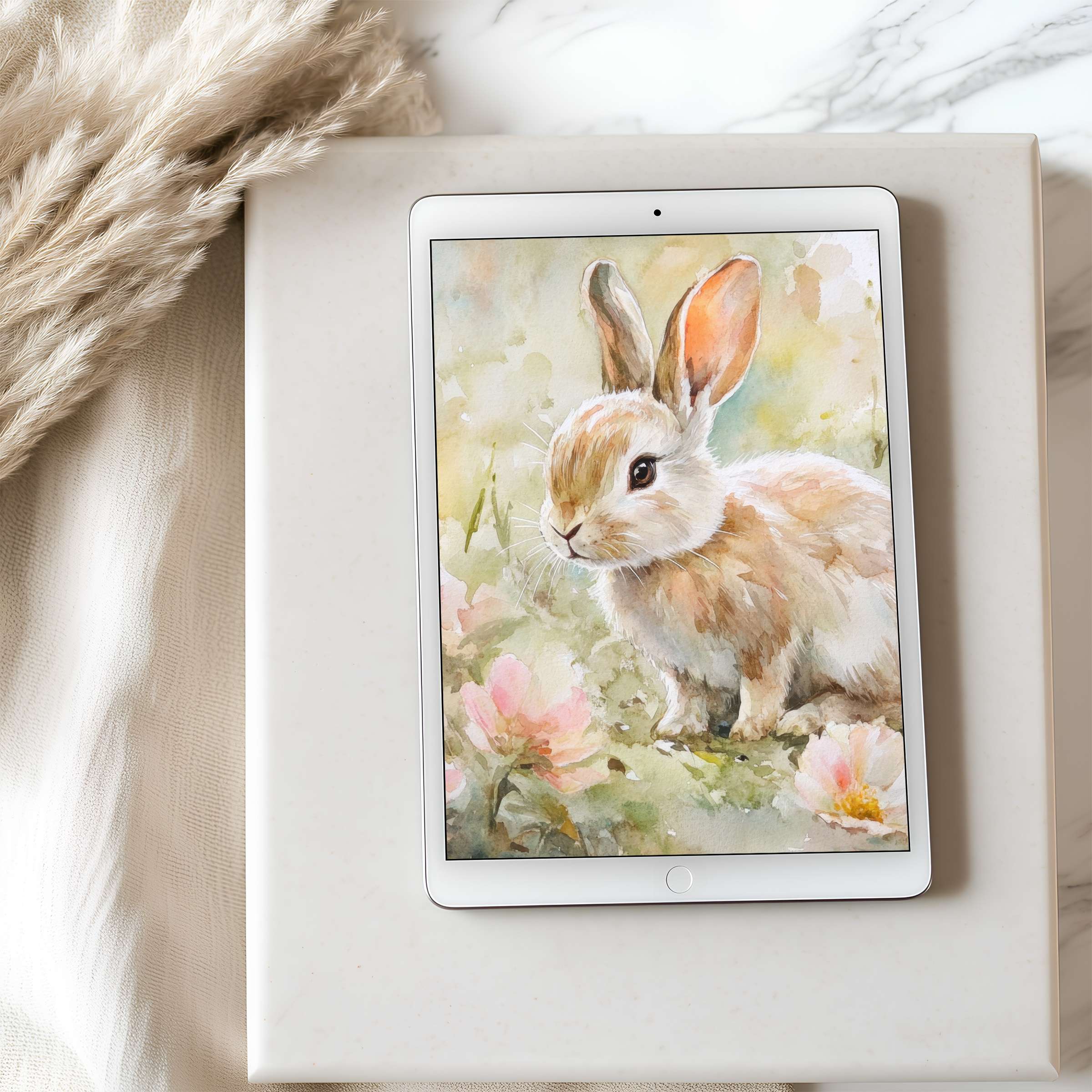 Charming watercolor rabbit tablet wallpaper offers serene elegance for design-conscious users, perfect for high resolution iPad and Android download