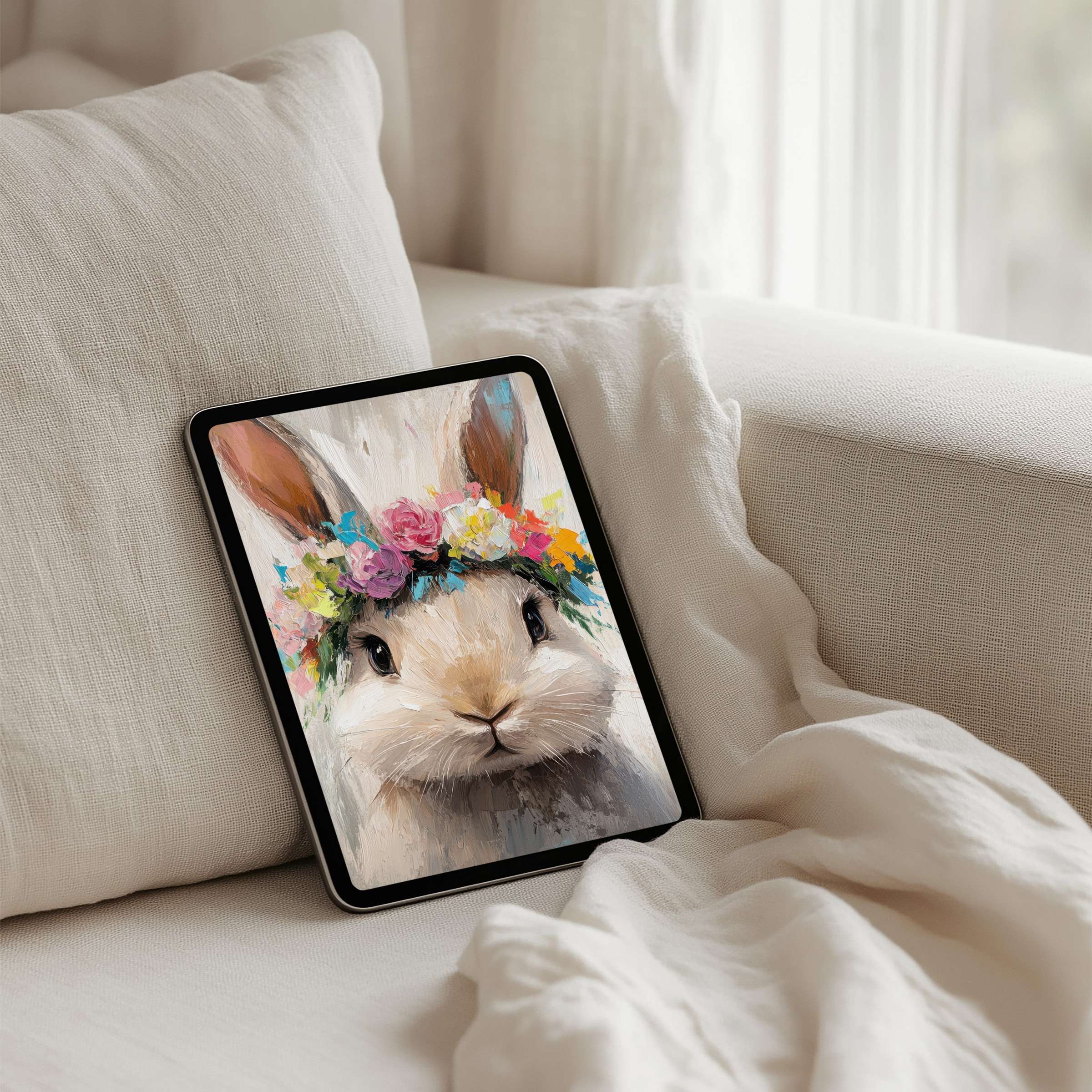 Charming rabbit with floral crown on iPad background offers instant download for any tablet inspiring calm and elegance