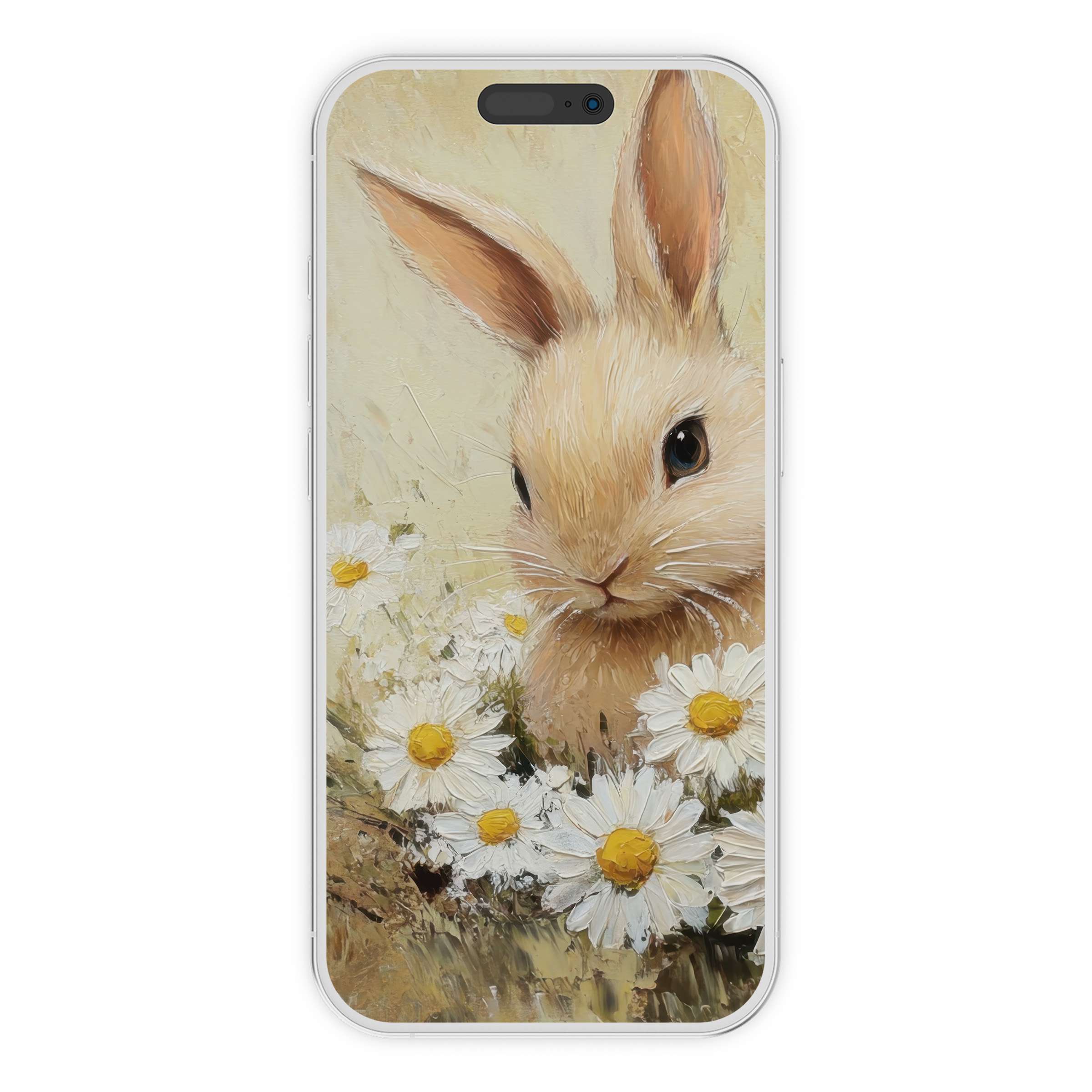 Easter iPhone wallpaper showing a serene bunny with daisies, oil painting style digital download, perfect phone background for calm elegance