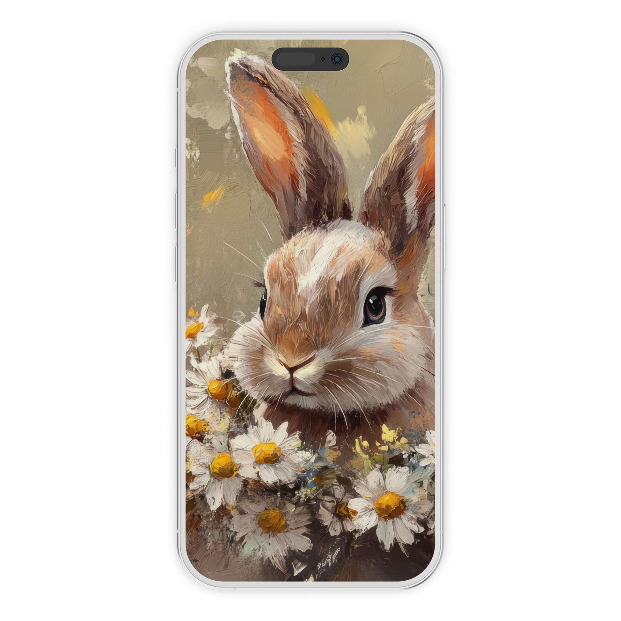 Easter iPhone wallpaper featuring a textured digital art bunny with daisies, ideal phone background for elegant digital download