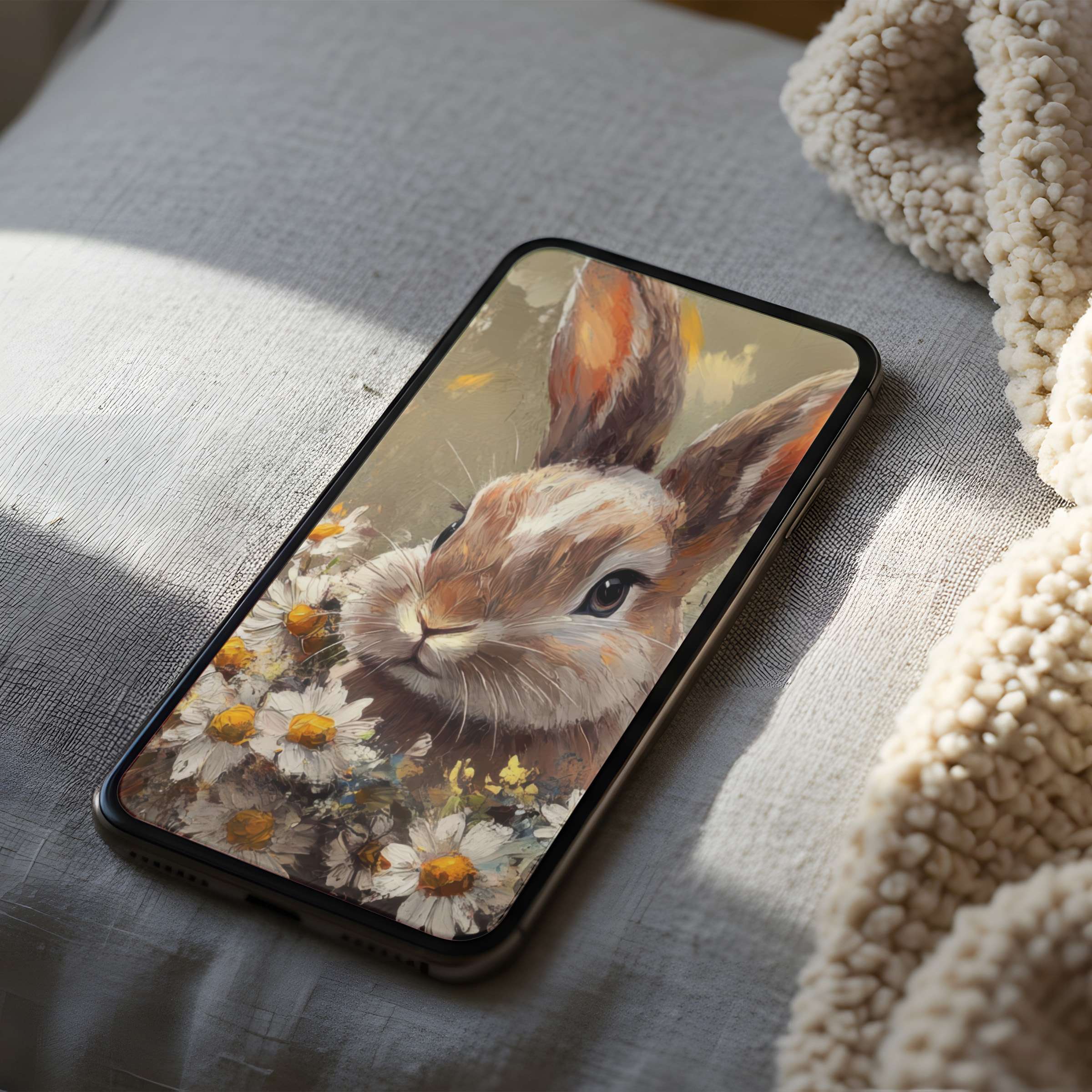 Elegant phone wallpaper featuring a rabbit with daisies in high resolution, perfect for iPhone and Android, offering serenity in style