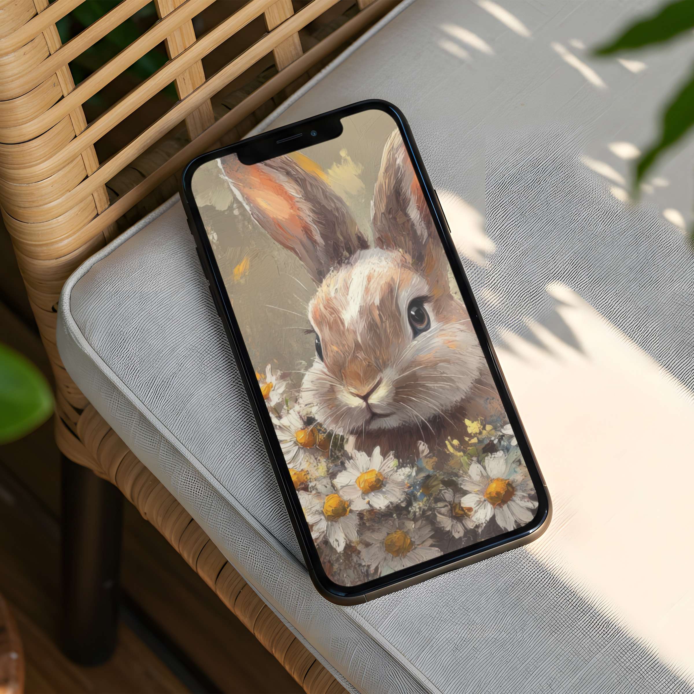 Charming iPhone background featuring a serene bunny and daisies, perfect for mindful inspiration; instant download for phone screens