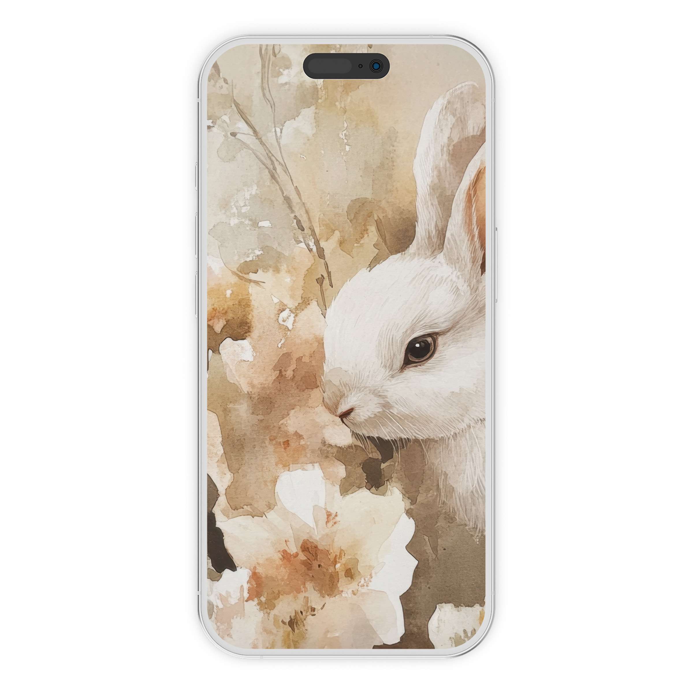 Easter iPhone wallpaper featuring a serene watercolor bunny amidst soft florals creating a calming phone background digital download