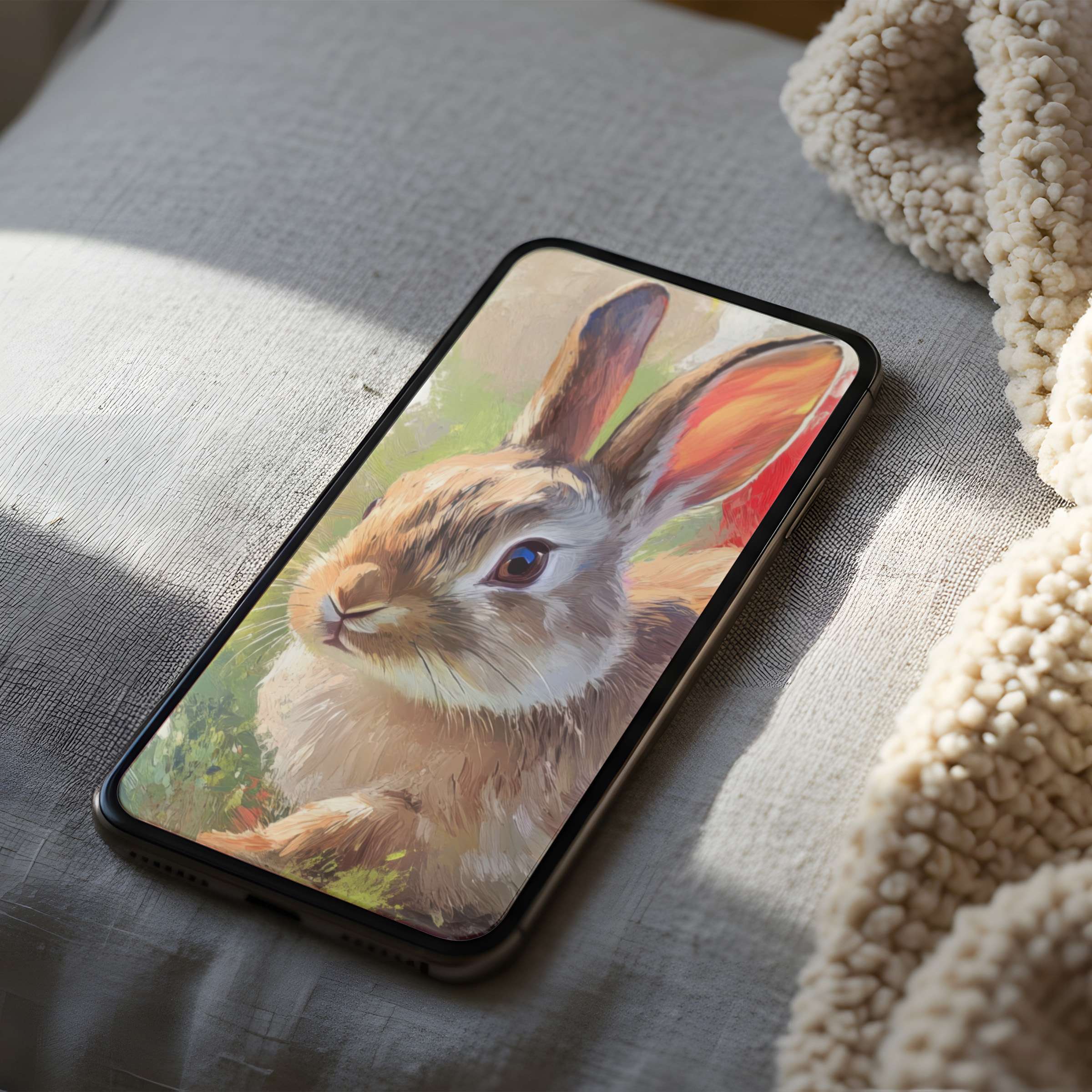 Elegant phone wallpaper featuring a serene rabbit painting in soft, earthy tones ideal for iPhone and Android high-resolution displays