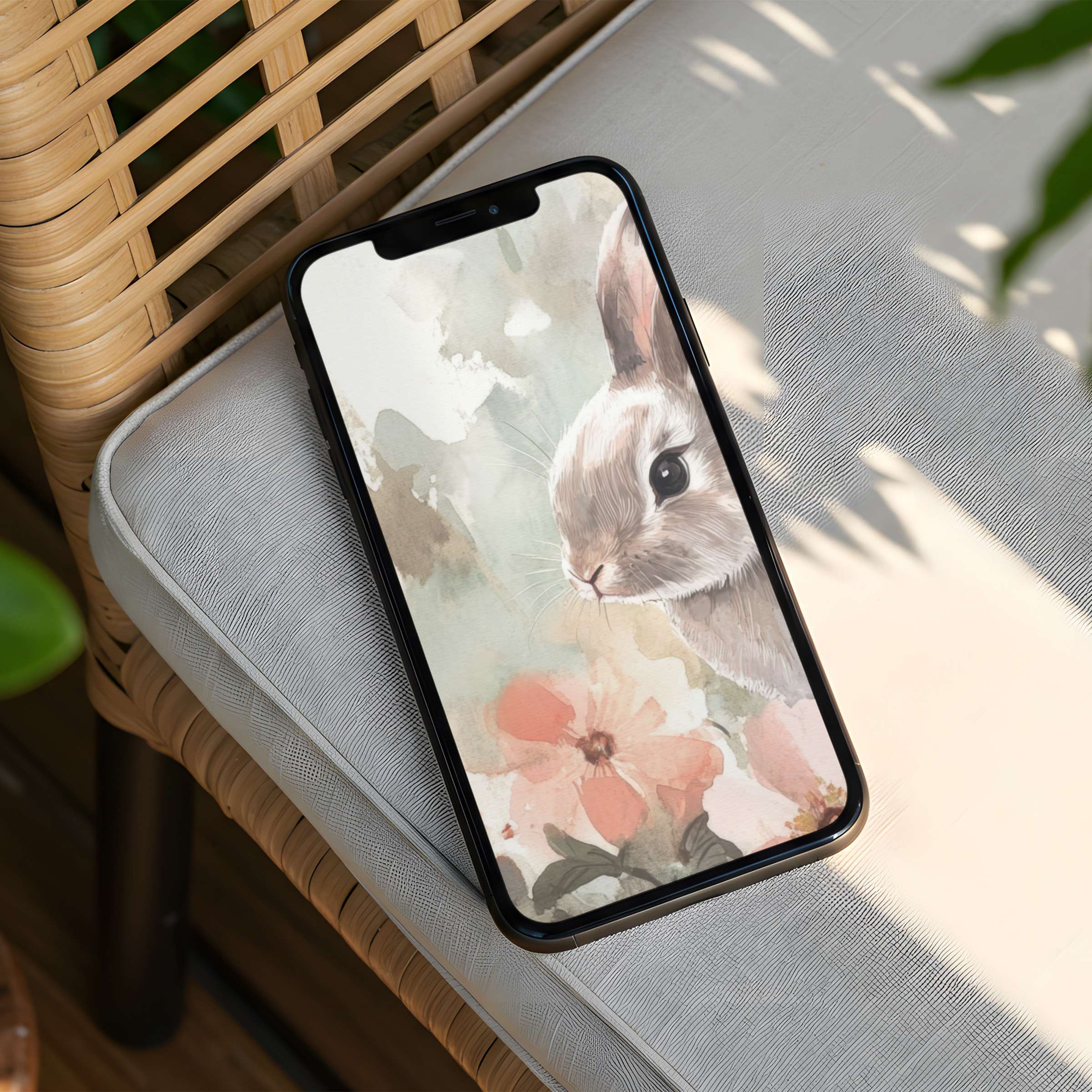 Serene watercolor bunny iPhone background for phone, perfect for mindful moments and elegance, available as an instant download