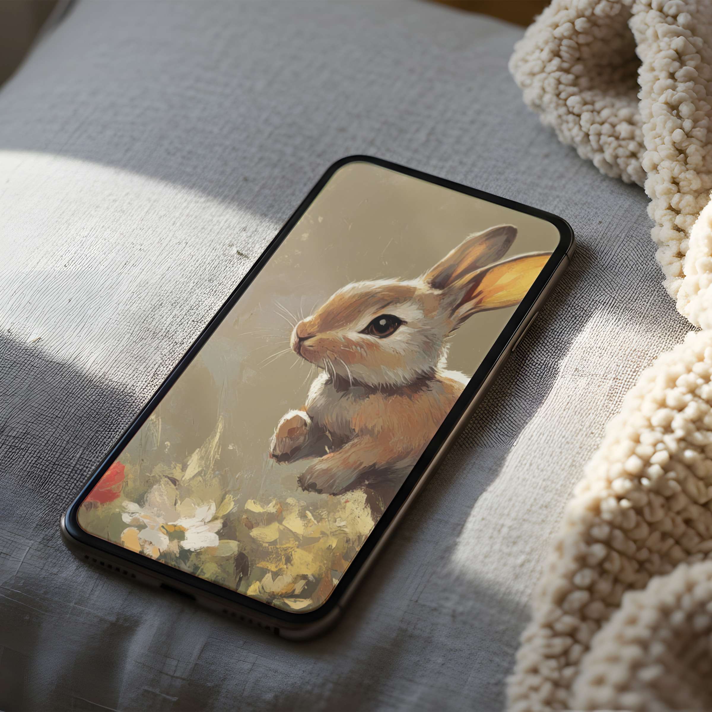Elegant bunny phone wallpaper featuring soft earth tones and minimalist design, perfect for iPhone and Android digital download