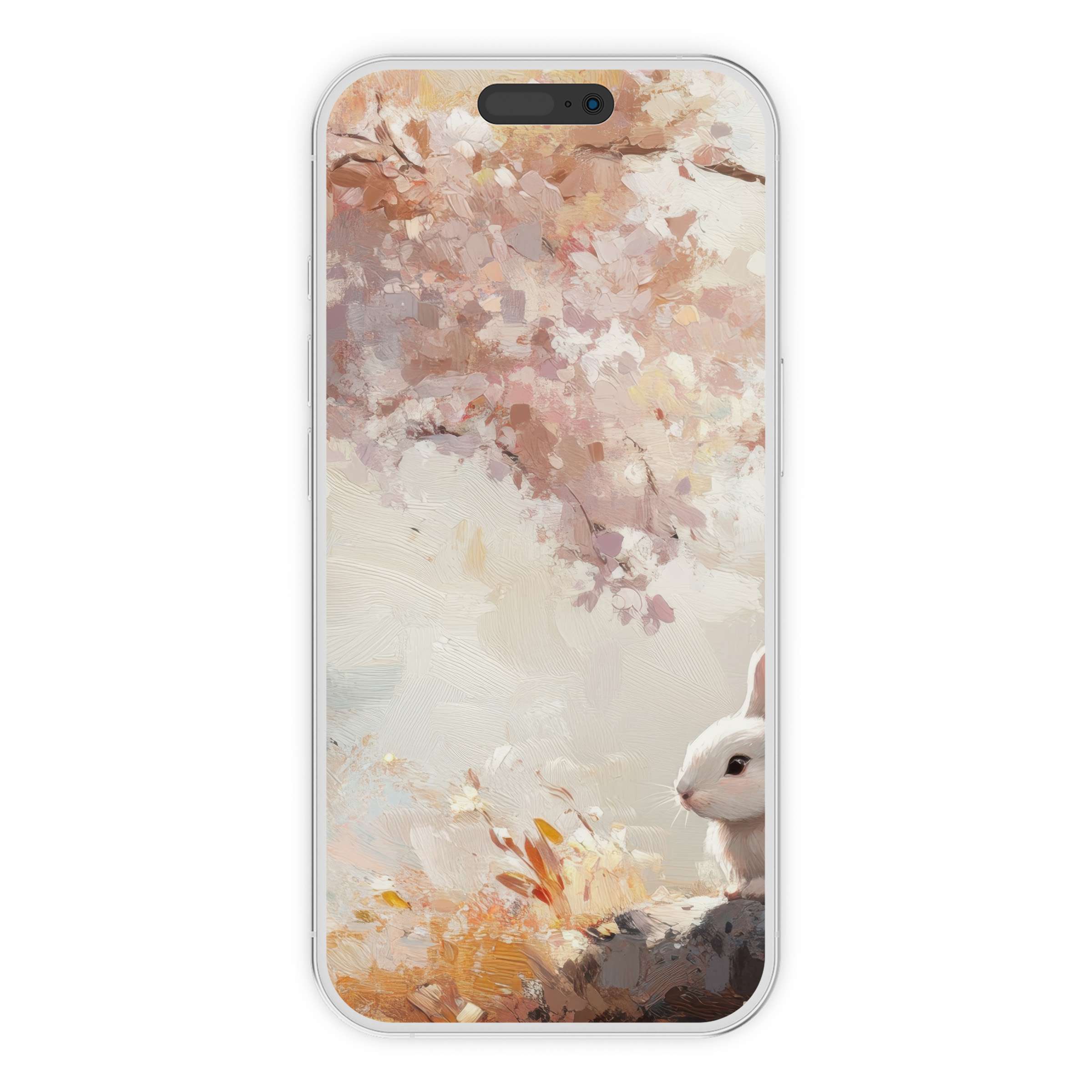 Easter iPhone wallpaper featuring a serene bunny under pastel blossoms, offering a calming digital download for phone backgrounds