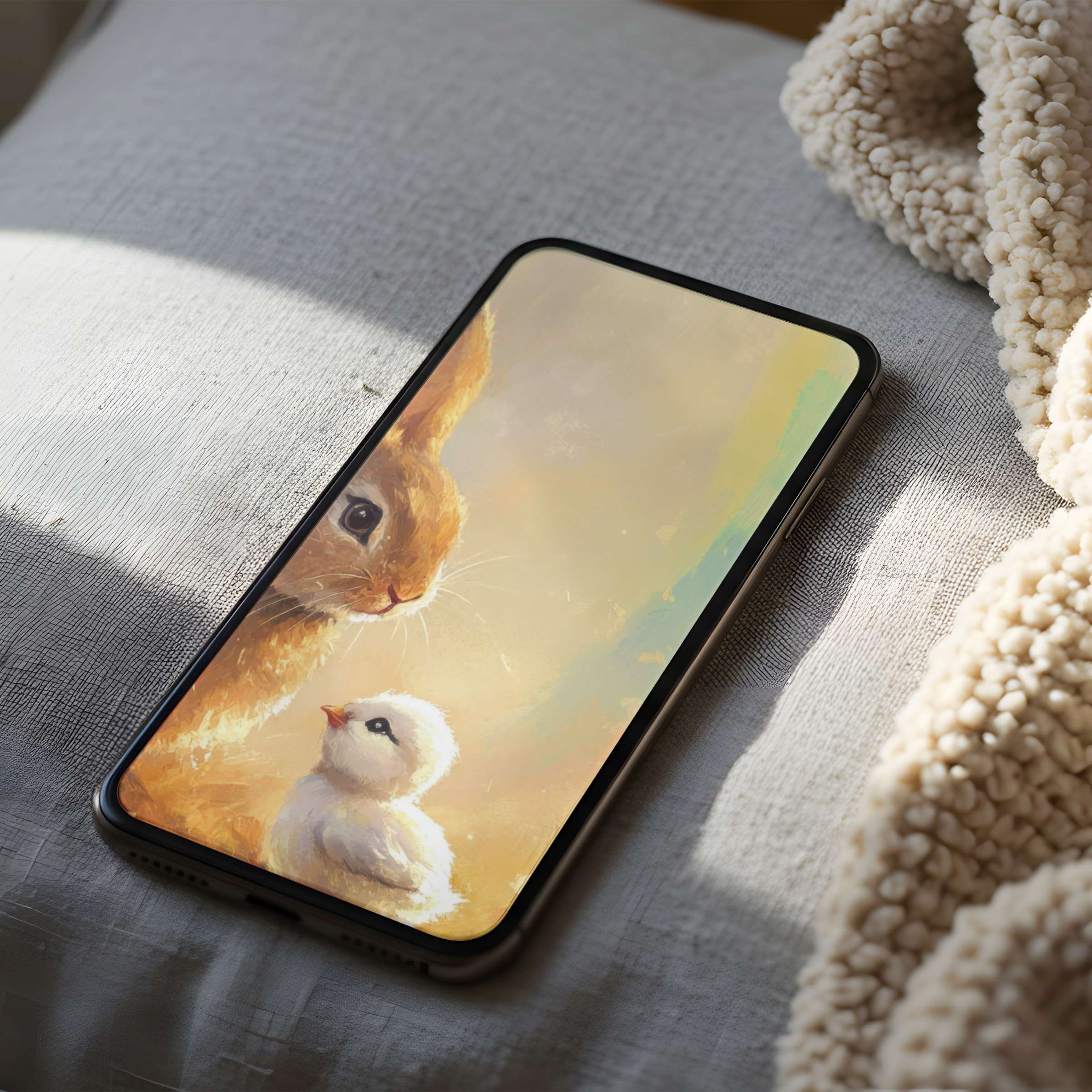 Curated phone wallpaper featuring a serene bunny and chick illustration in gentle pastels suitable for iPhone and Android devices