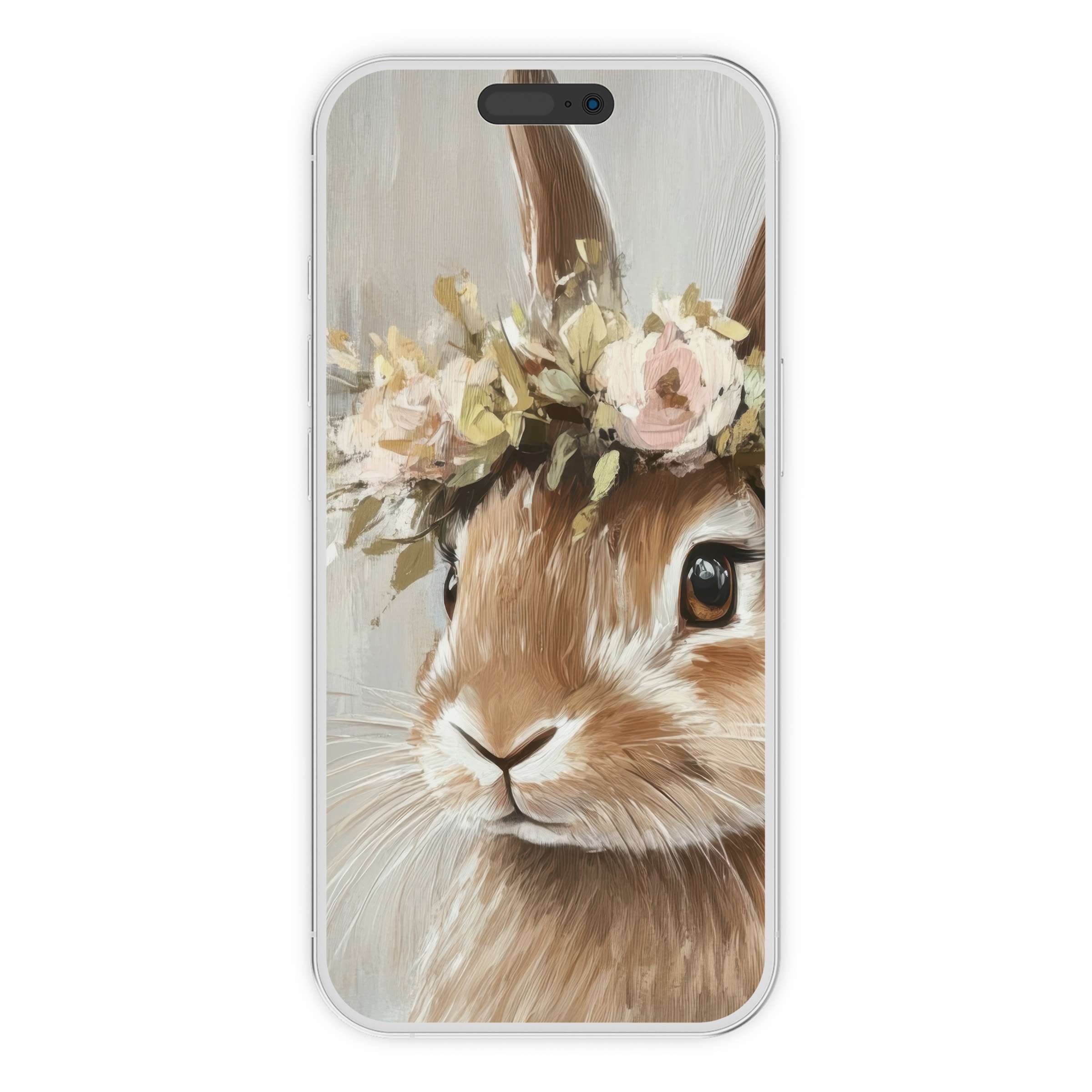 Gentle rabbit with floral crown offers an inspiring Easter iPhone wallpaper, perfect phone background for digital download and design lovers