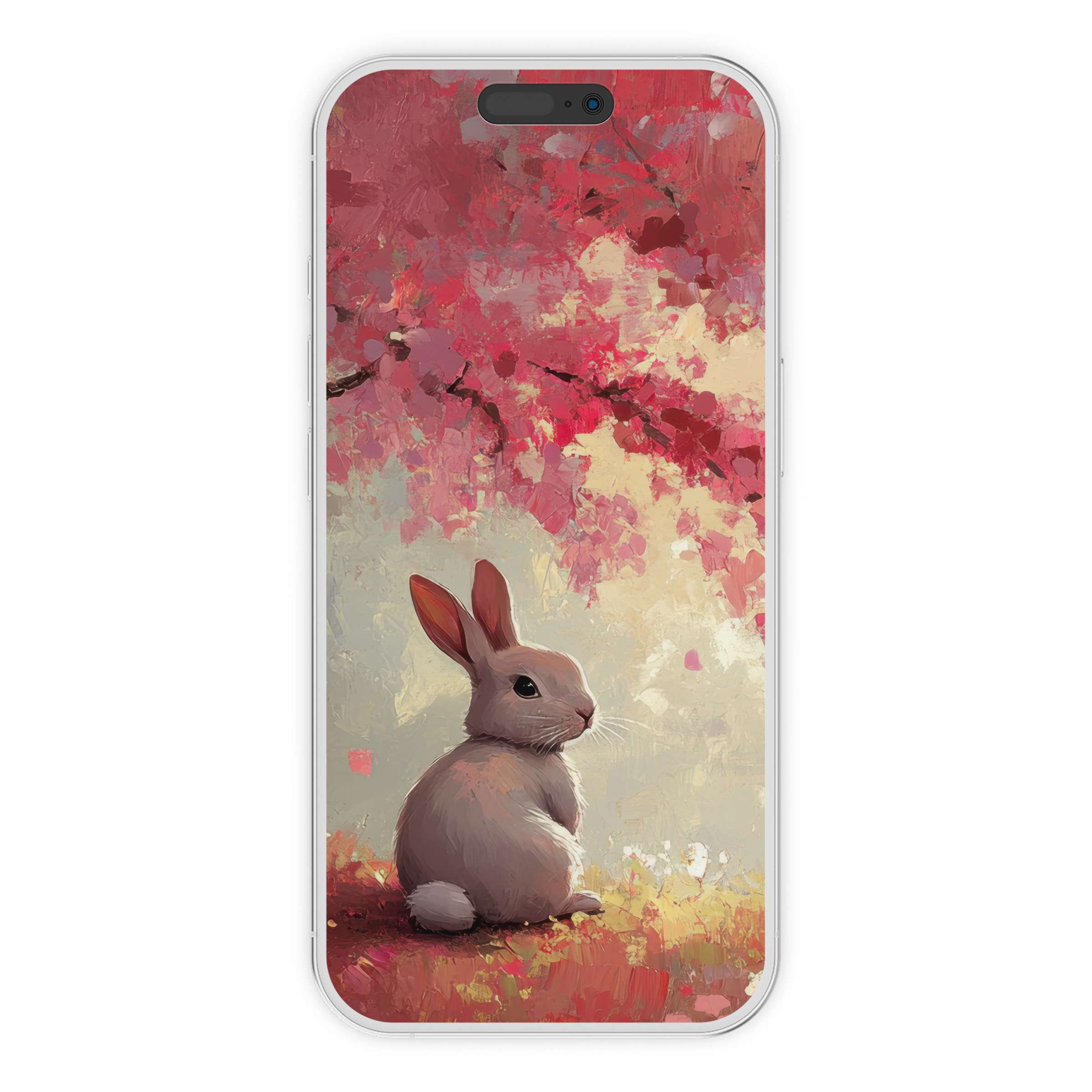 Easter iPhone wallpaper with a serene rabbit beneath cherry blossoms, perfect phone background for digital download and tranquility