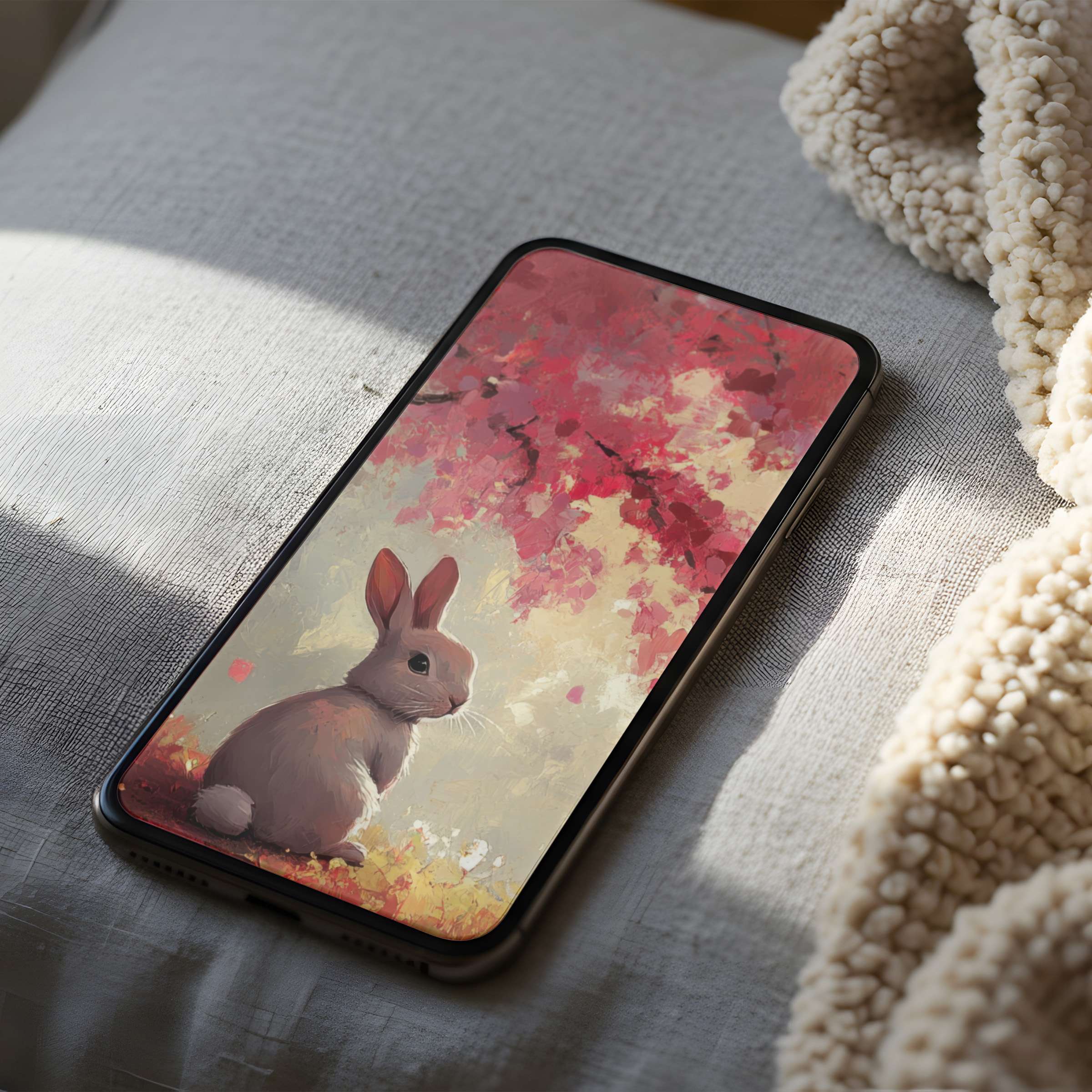 Elegant phone wallpaper featuring a serene bunny under pink blossoms in high resolution ideal for iPhone or Android digital download