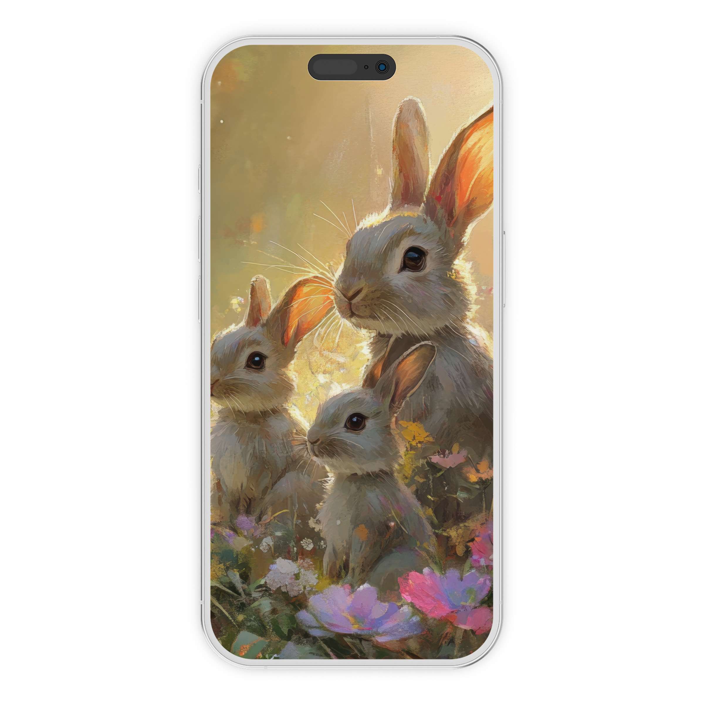 Easter iPhone wallpaper featuring serene rabbits in a floral meadow, ideal phone background as an elegant digital download