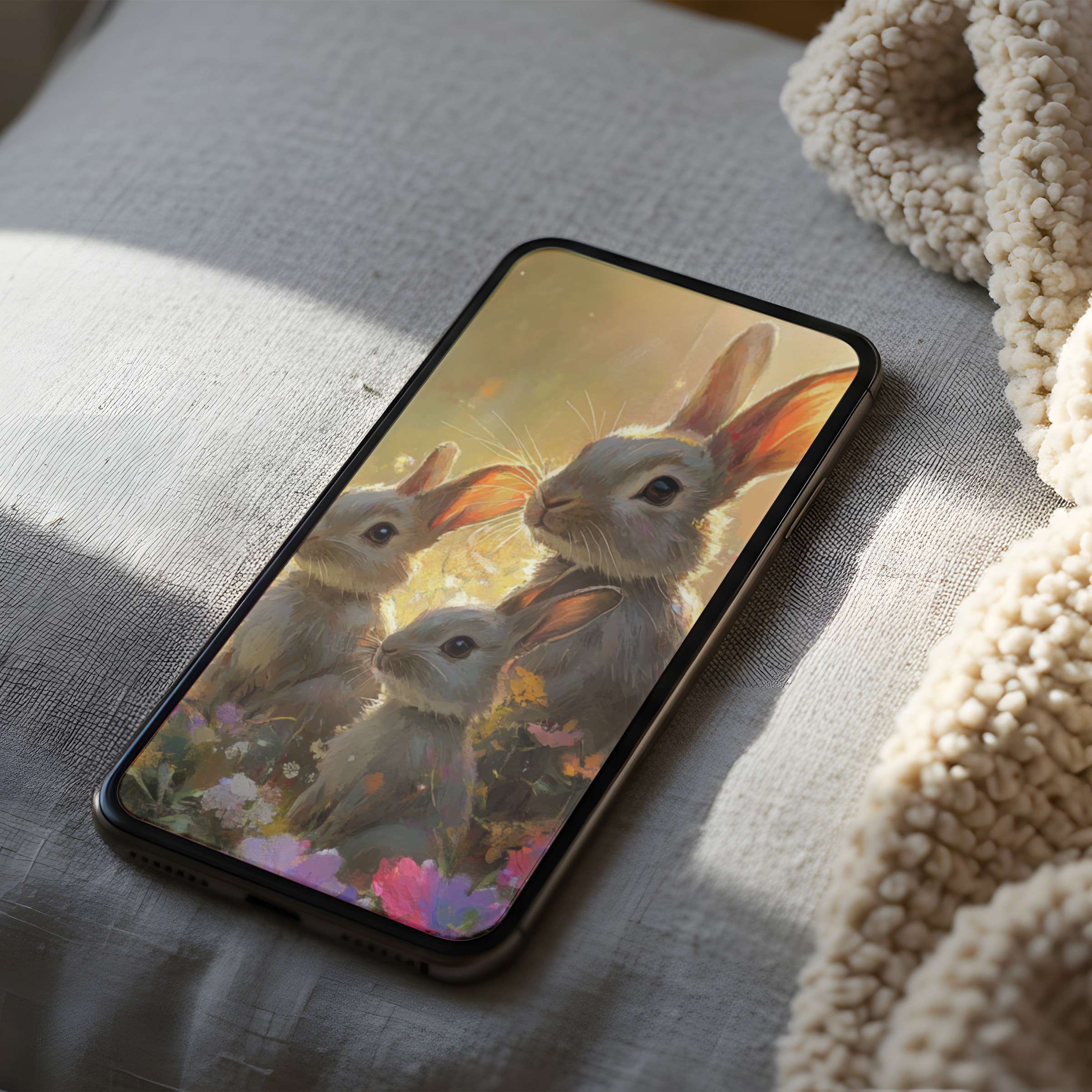 Elegant phone wallpaper featuring three rabbits amidst flowers in a high resolution digital artwork suitable for iPhone and android phones