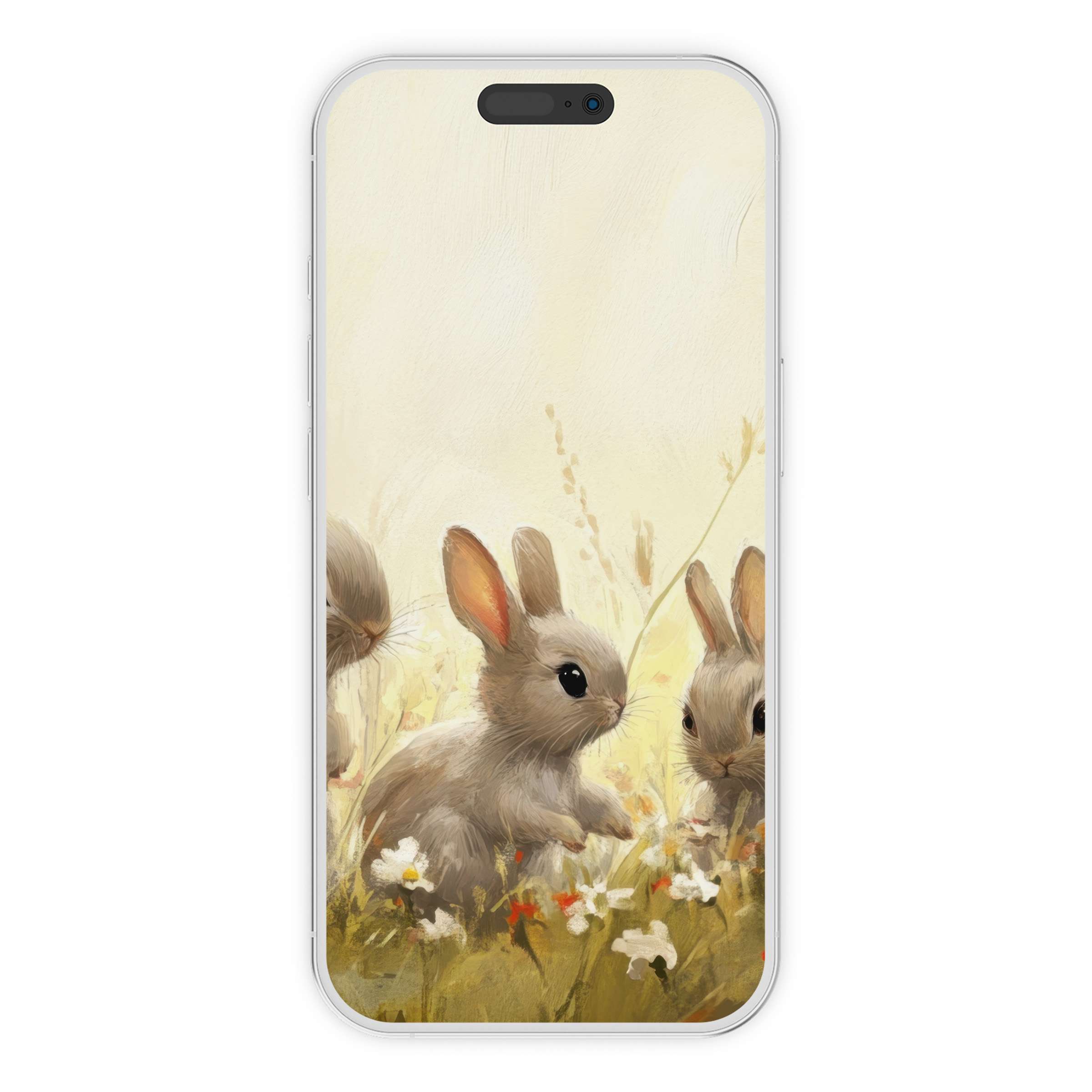 Easter iPhone wallpaper featuring gentle pastel rabbits in a meadow phone background digital download for serene spring vibes