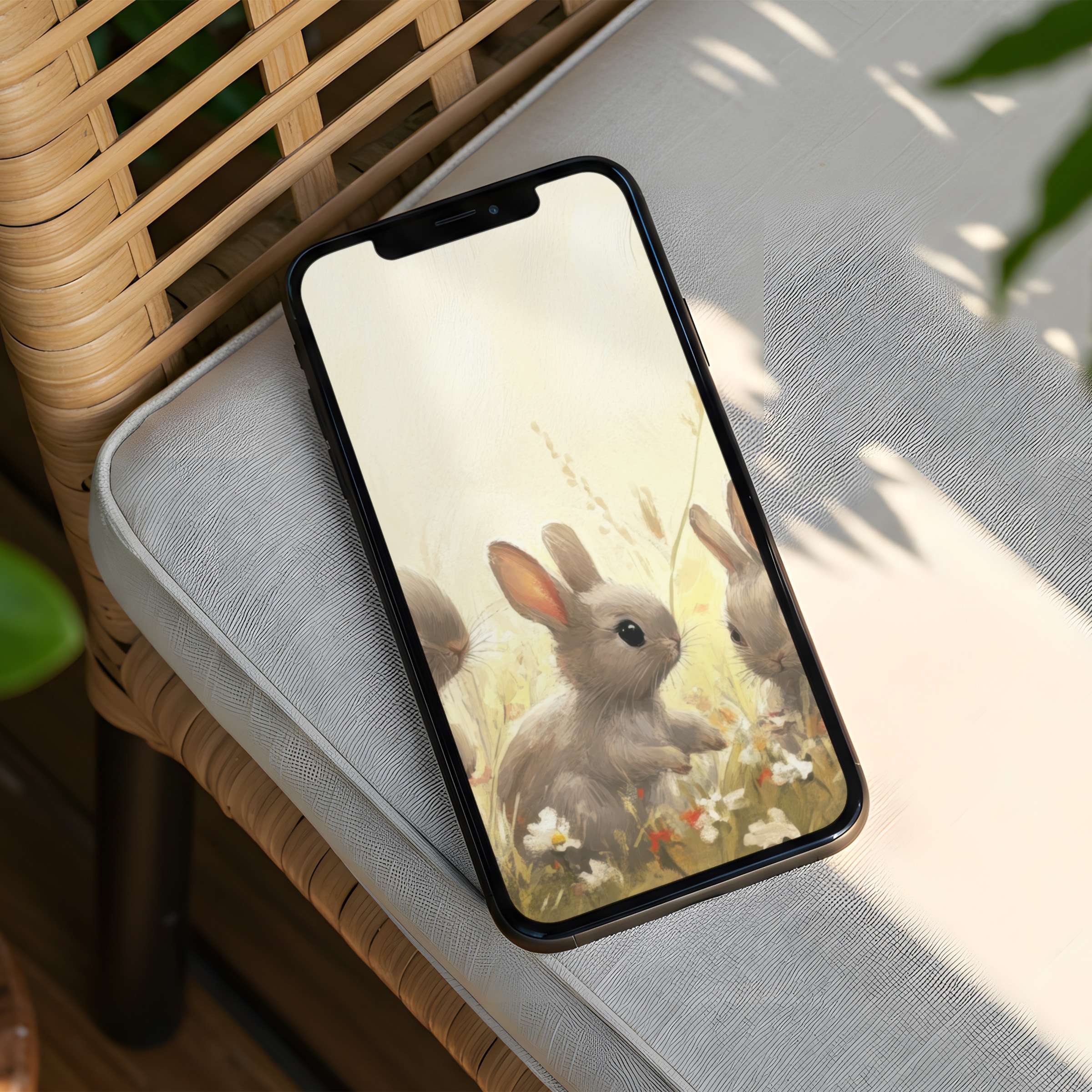 Charming iPhone background with serene bunnies amidst wildflowers offers instant download for phone screens exuding calm elegance