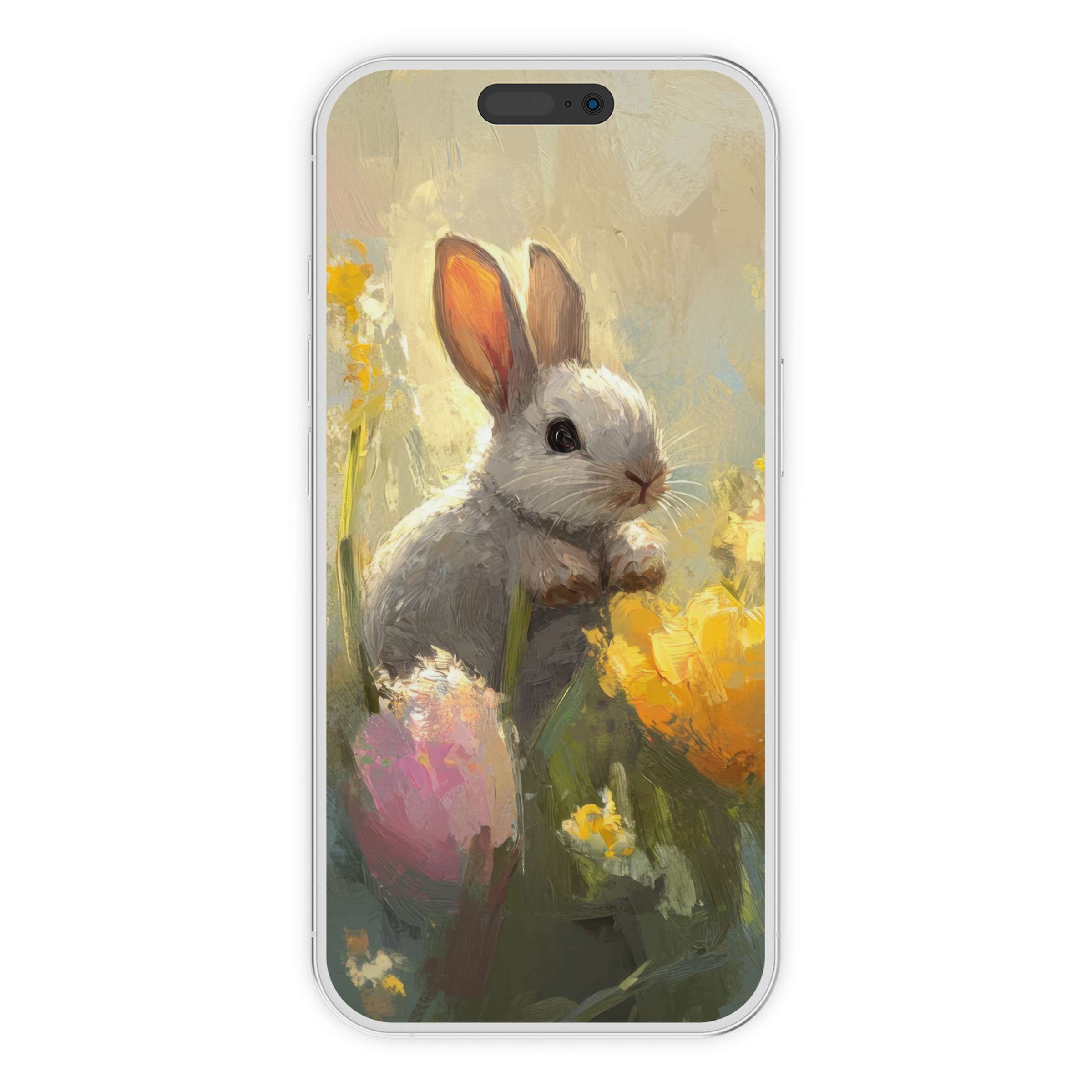 Dreamy Easter iPhone wallpaper featuring a serene bunny amidst vivid blooms, ideal digital download for phone background bliss