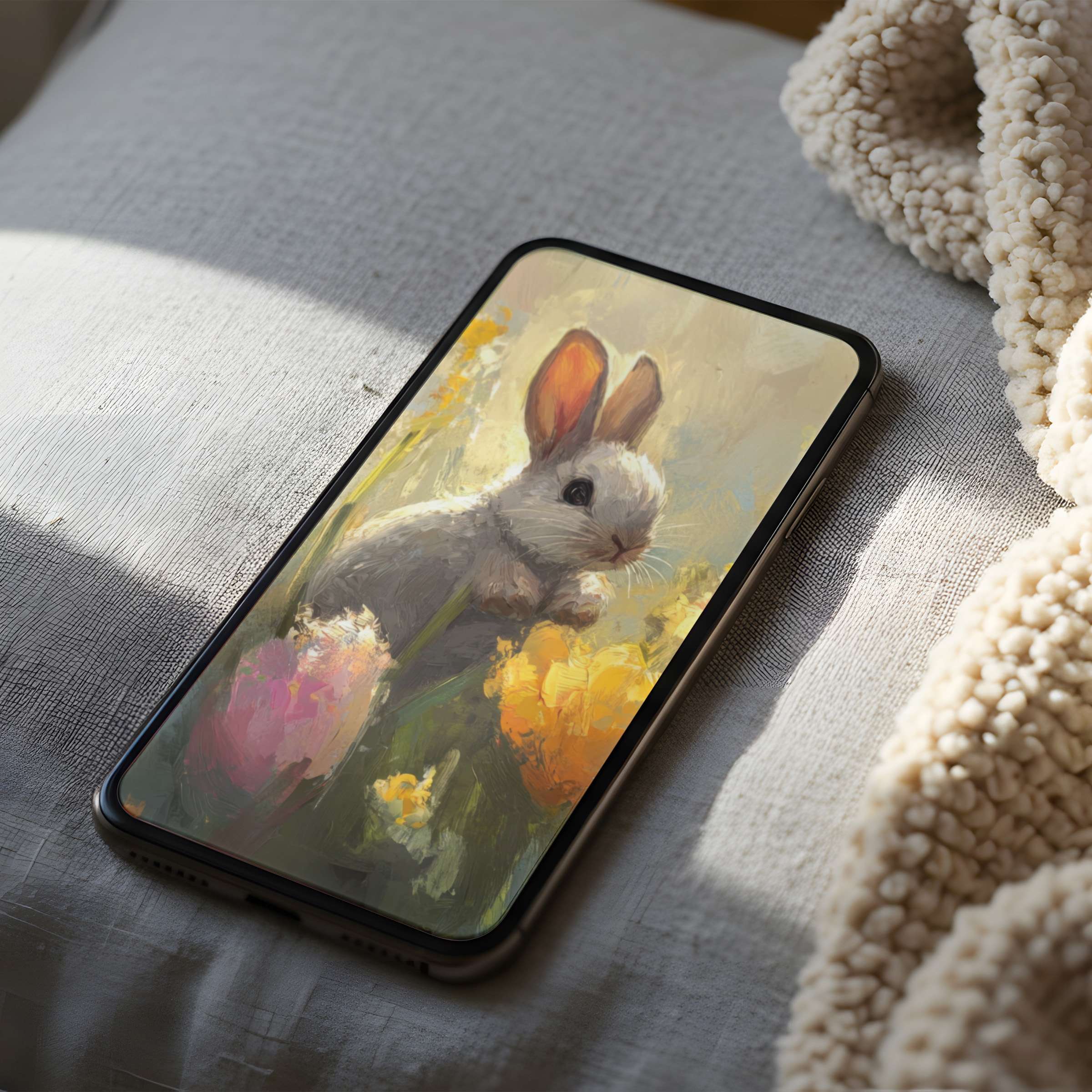Calming bunny phone wallpaper in soft pastels, perfect for iPhone and Android phone, offers high resolution digital download