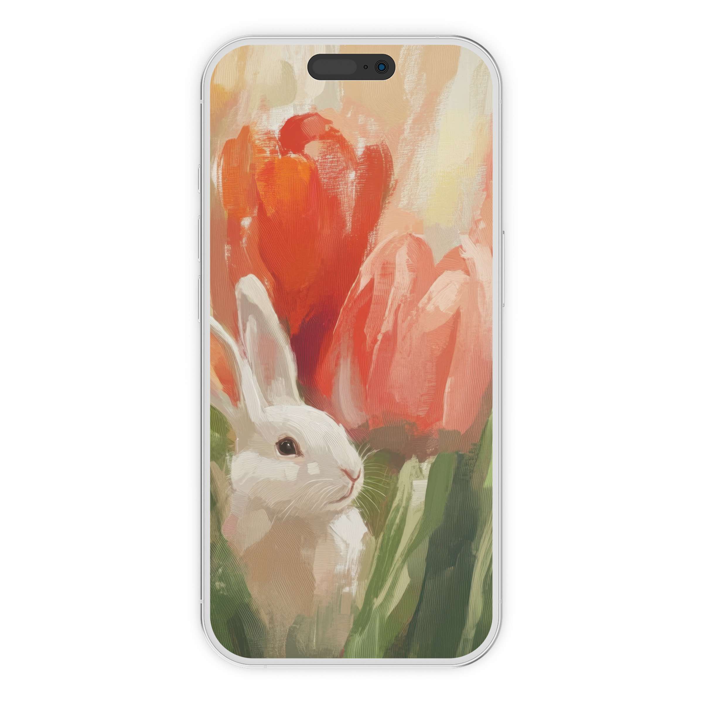 Elegant easter iPhone wallpaper featuring a serene bunny and tulips, offering a soothing digital download phone background option