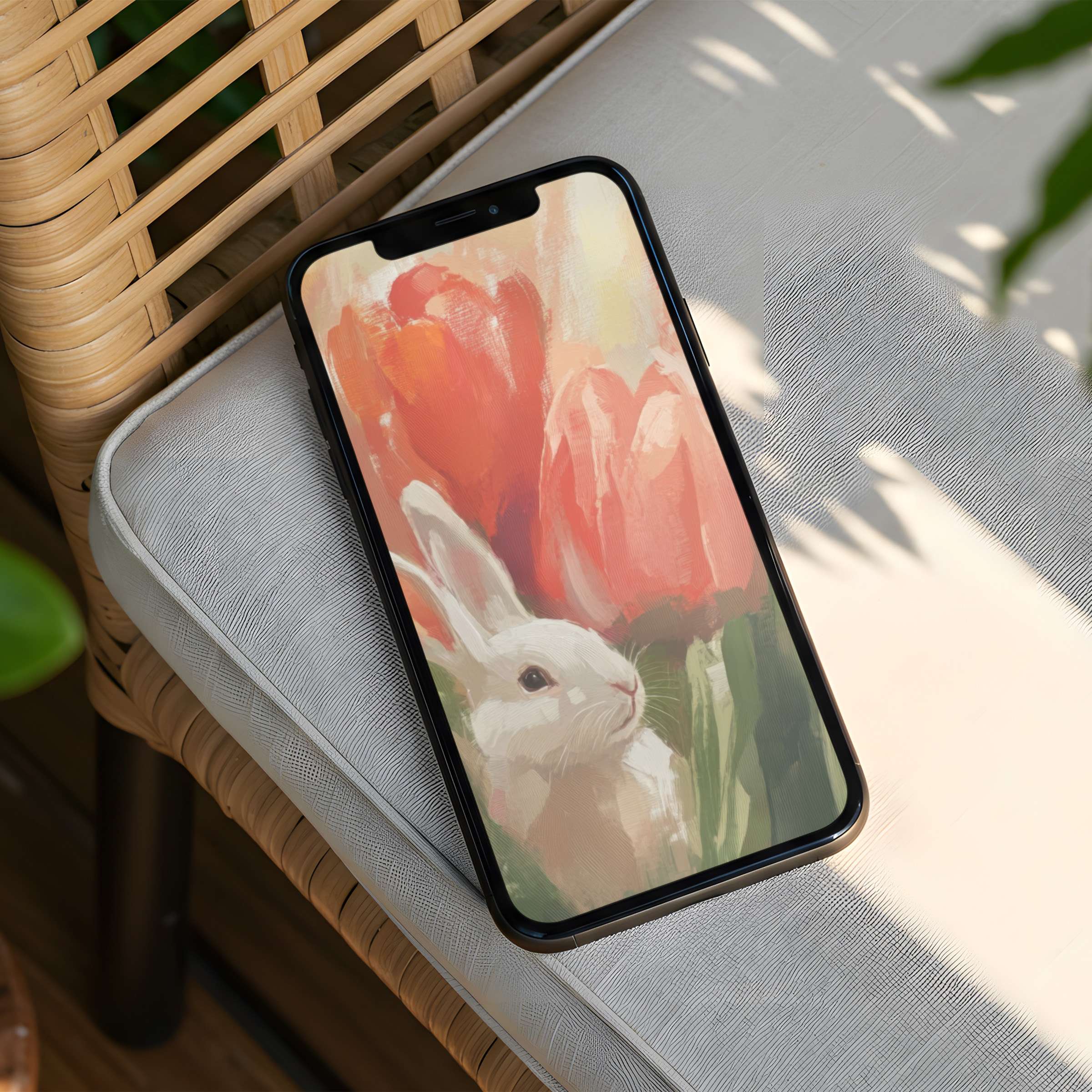 Elegant watercolor tulips and rabbit on iPhone background create calm vibes perfect for instant download on any phone model