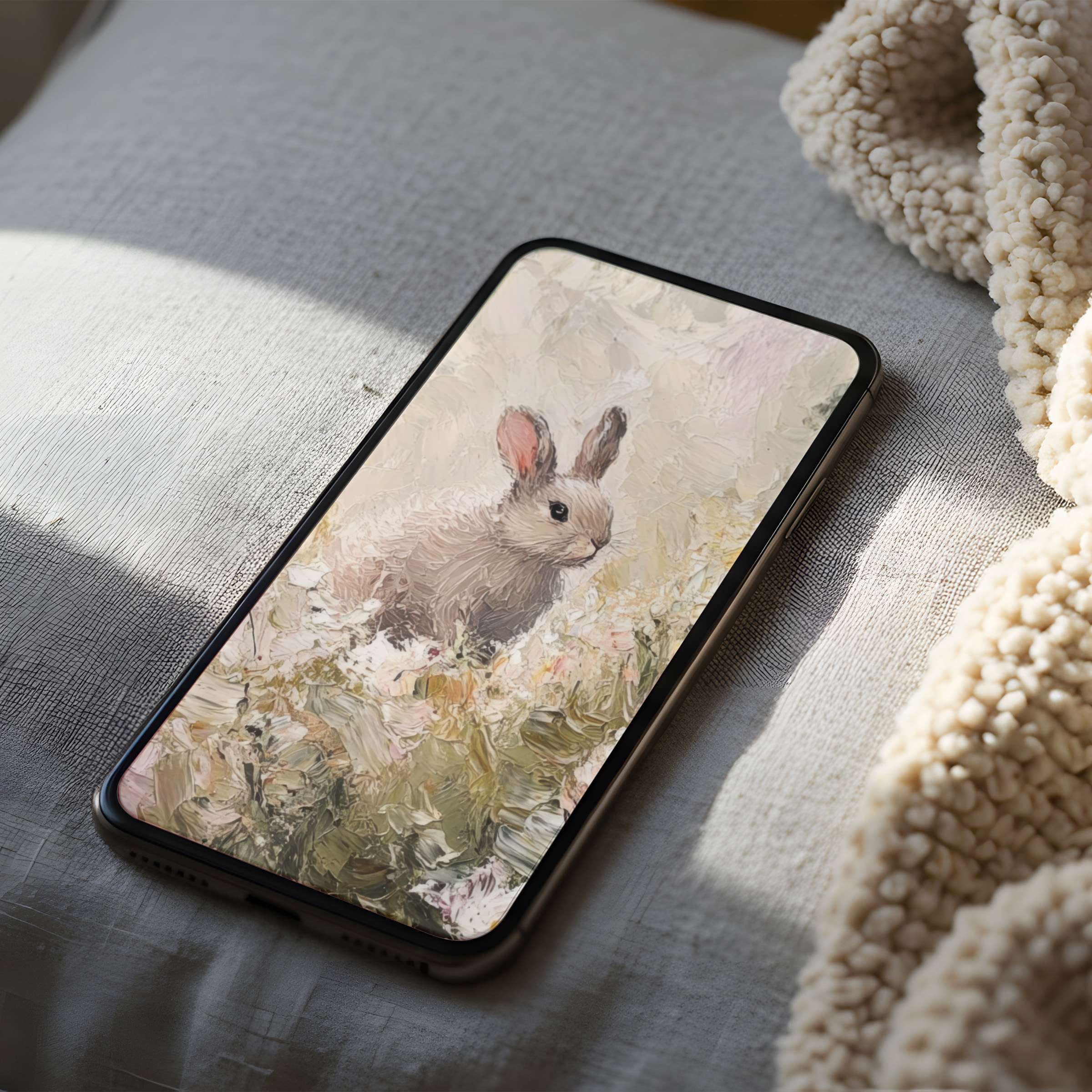 Serene phone wallpaper featuring a delicate rabbit in pastel oil painting, perfect for iPhone or Android, enhancing digital tranquility