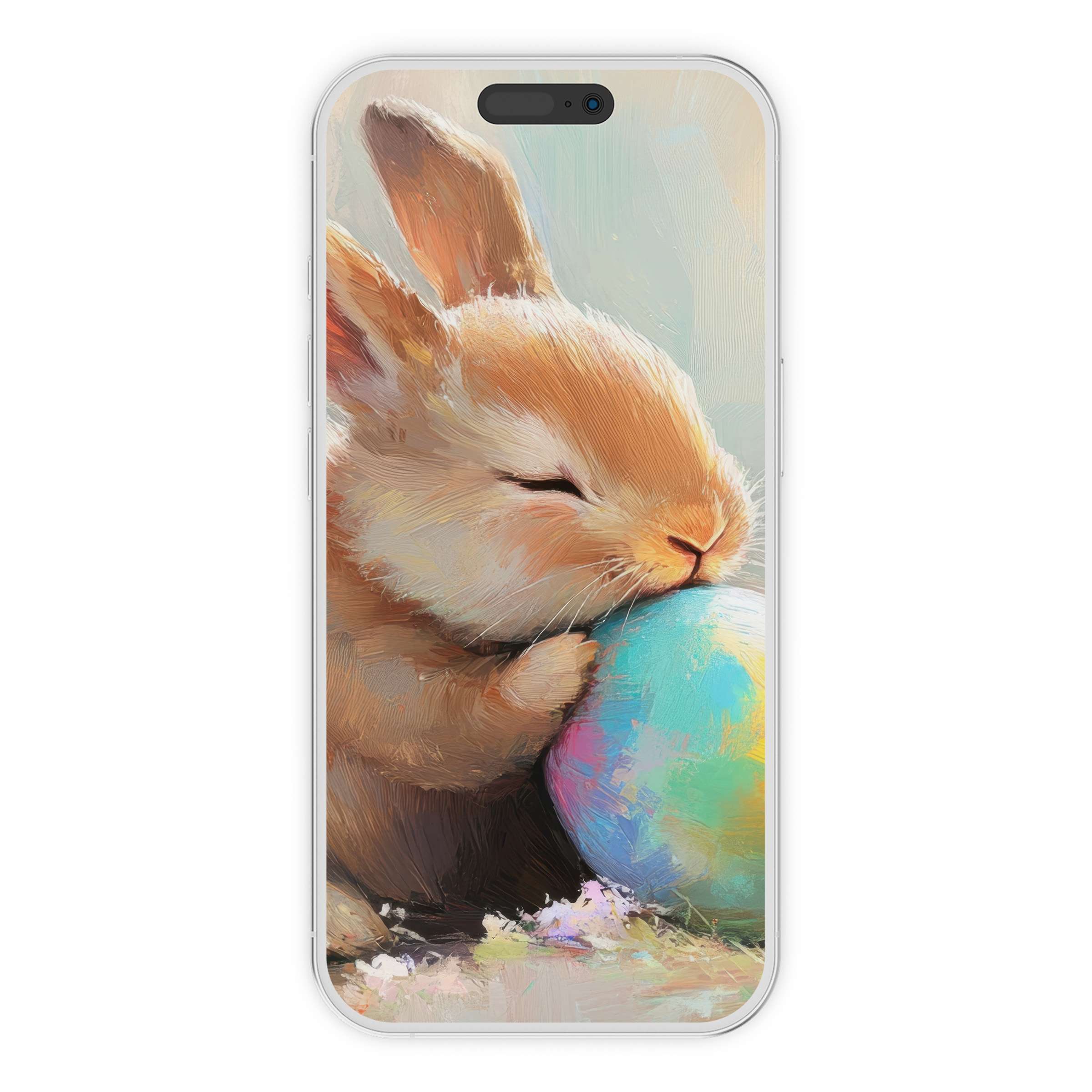 Calming Easter iPhone wallpaper featuring a serene bunny and pastel egg, perfect phone background digital download for elegance