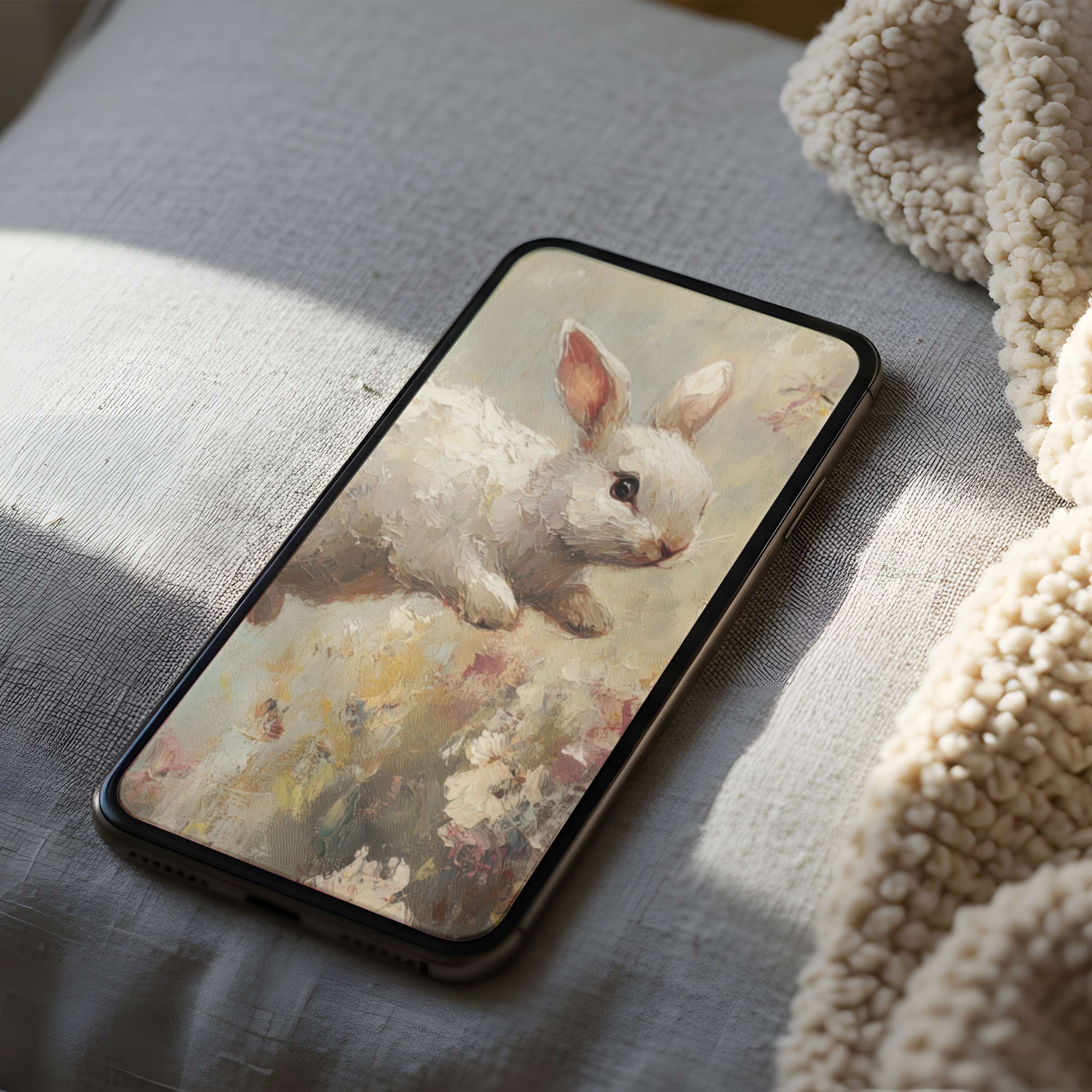 Elegant phone wallpaper with a serene white rabbit painting, perfect for high-resolution iPhone and Android screens, offering tranquility and style