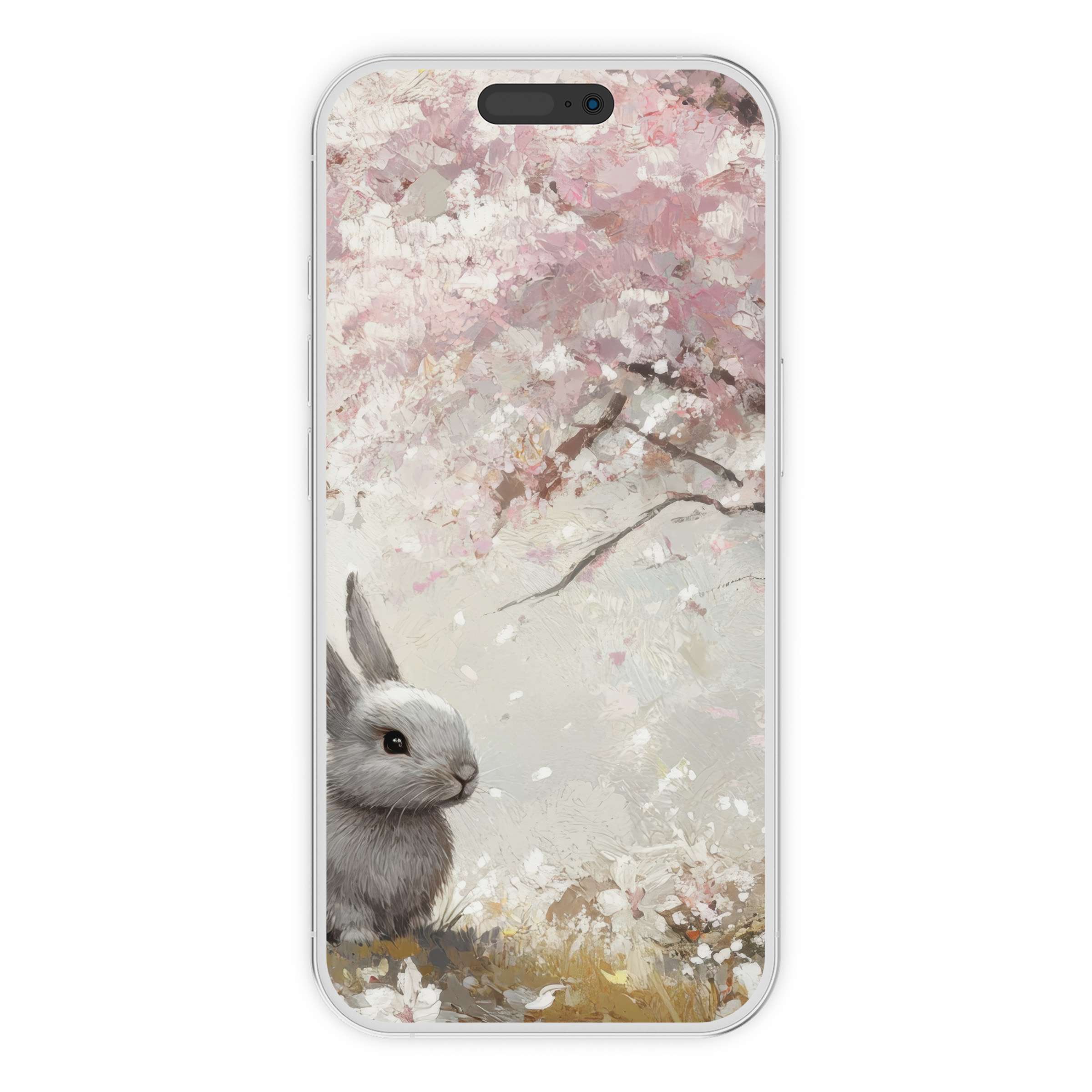 Elegant easter iPhone wallpaper featuring a serene rabbit under cherry blossoms, perfect phone background for digital download and calm vibes