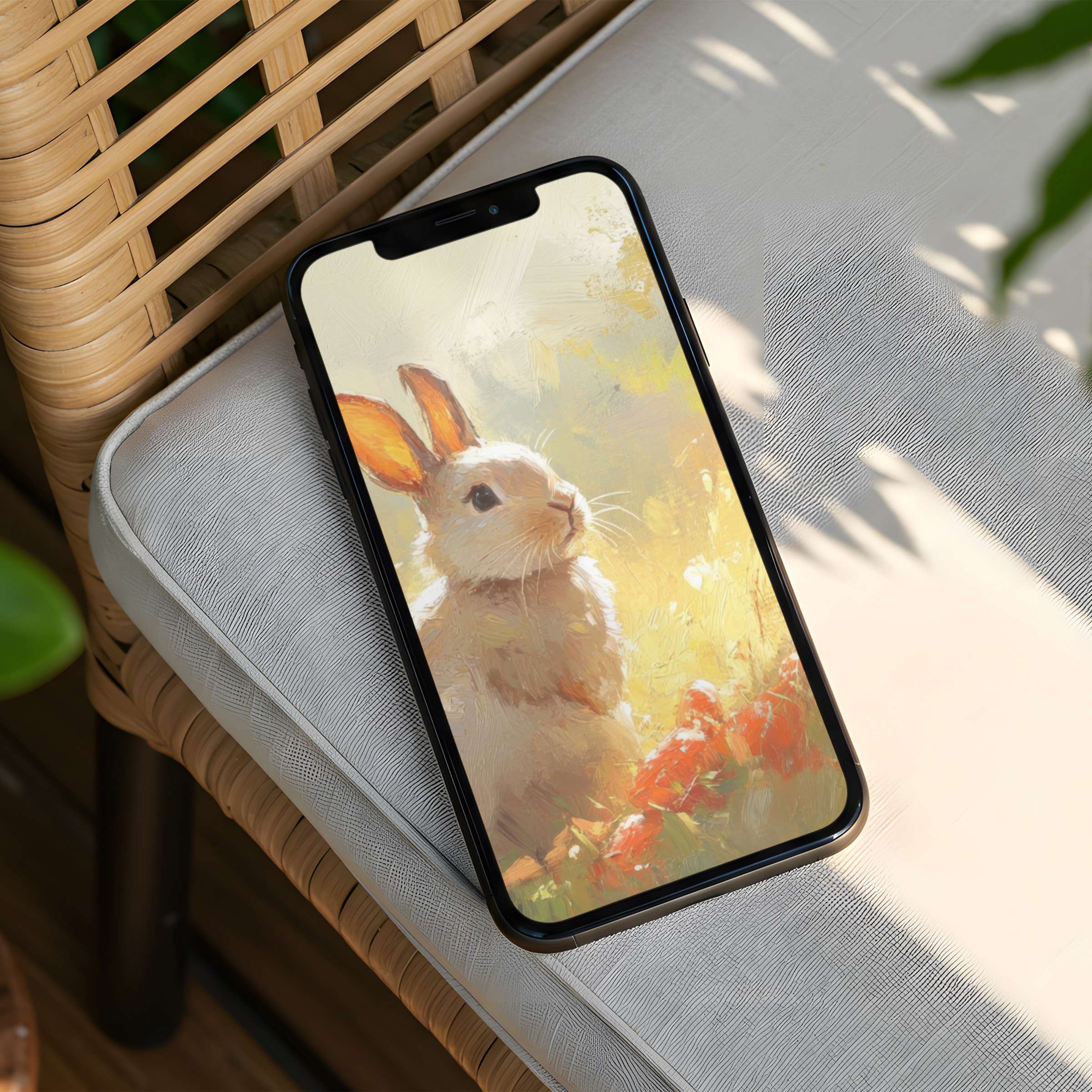 Elevate your phone with this serene rabbit iPhone background featuring soft pastels, perfect for instant download and mindful decor