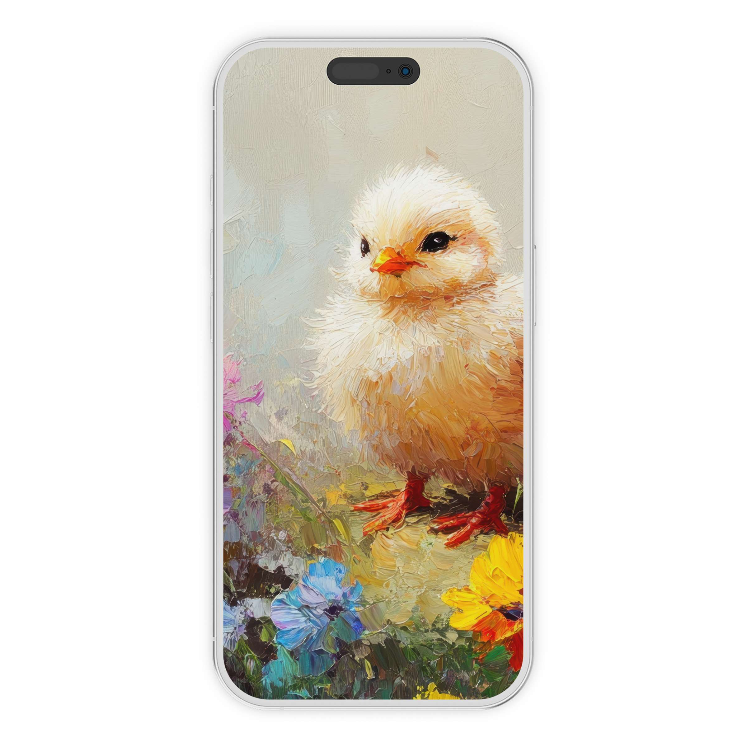 Easter iPhone wallpaper with a fluffy chick amidst bright flowers; serene digital download for elegant phone background refresh