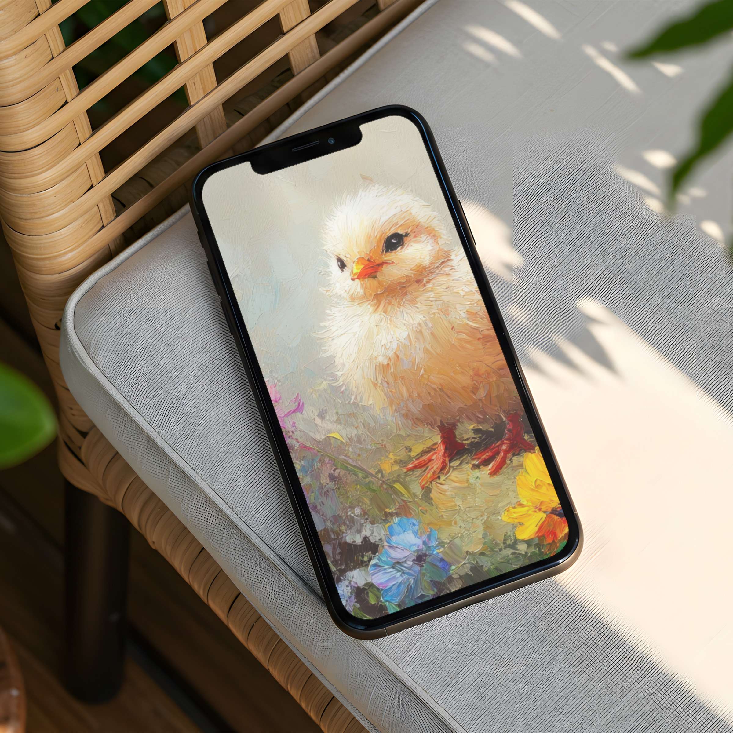 Charming chick on artistic iPhone background evokes calm elegance inspiring mindfulness perfect for instant download on any phone