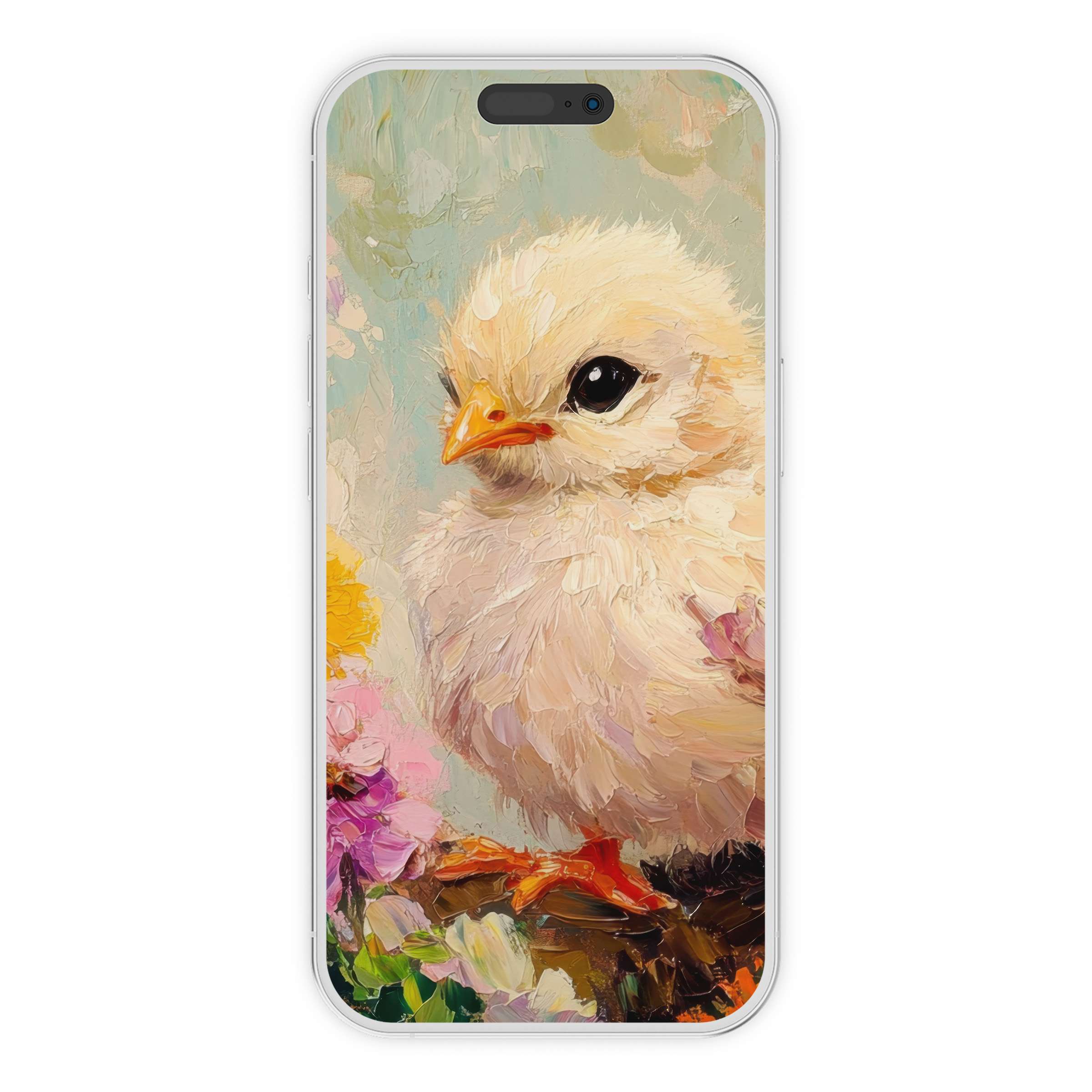 Easter iPhone wallpaper featuring a textured digital download of a fluffy chick and flowers, perfect for phone background design