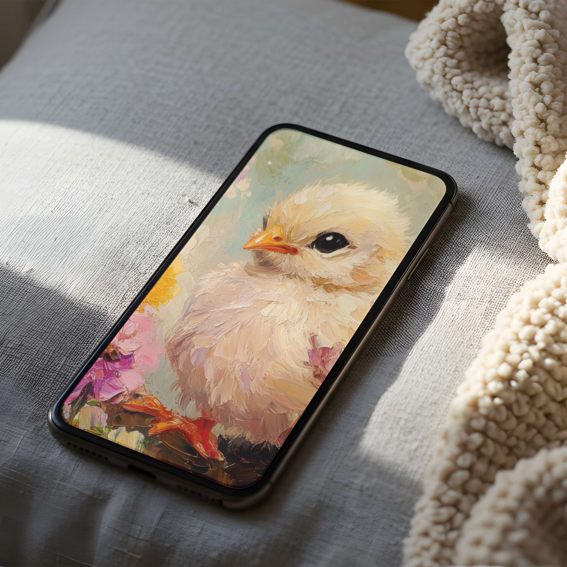 Charming chick phone wallpaper with painterly strokes in pastels brings tranquility to high-resolution iPhone or Android screens