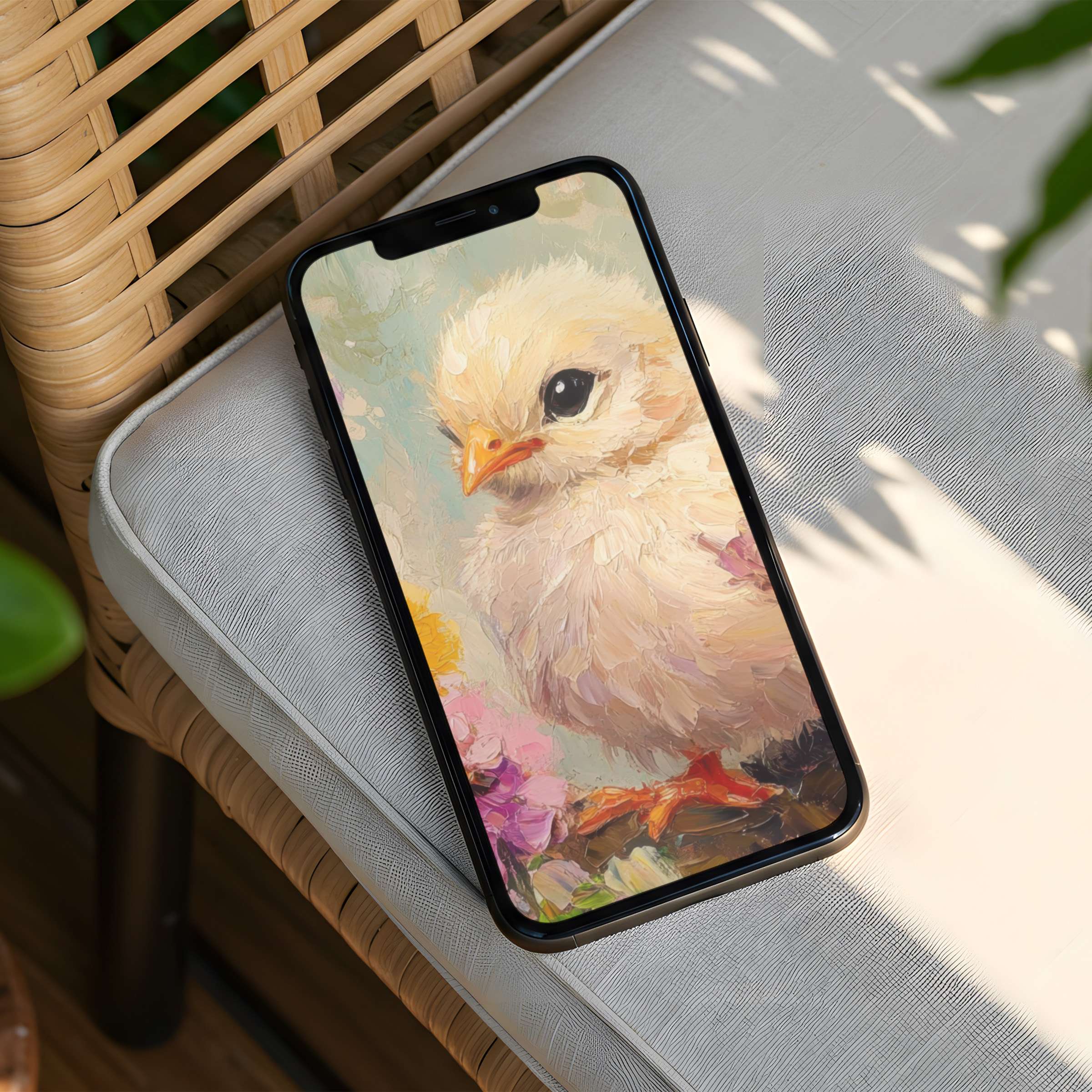 Elegant iPhone background featuring a serene pastel chick painting for instant download calming phone aesthetic mindful inspiration