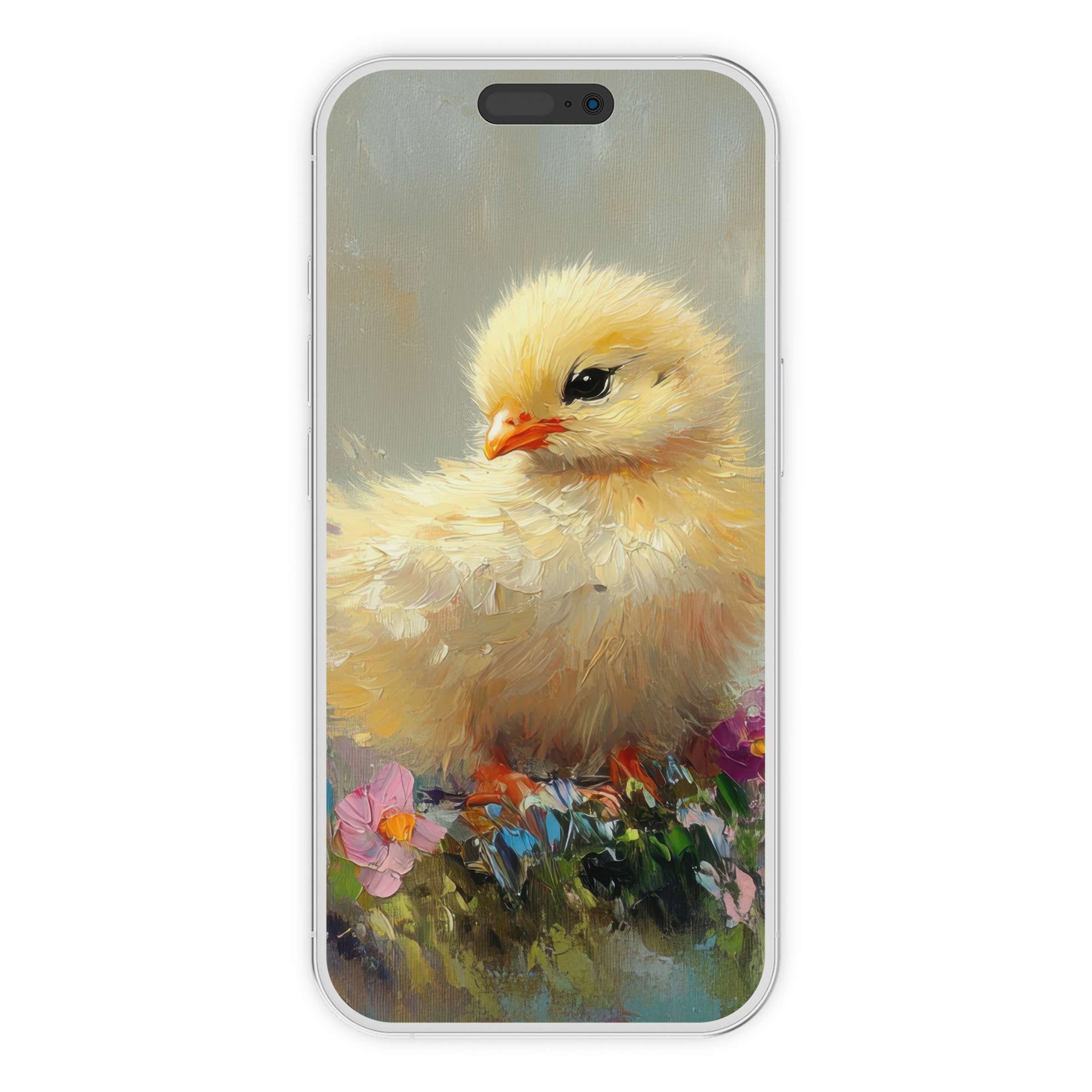 Easter iPhone wallpaper featuring a serene chick surrounded by colorful flowers, perfect digital download phone background for spring ambiance