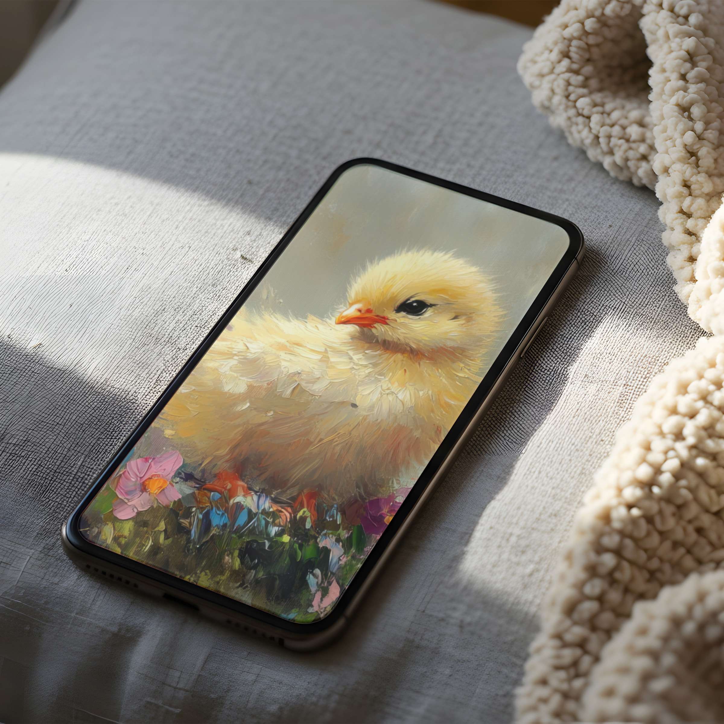 Elegant digital phone wallpaper featuring a fluffy chick on a high-resolution background of soft tones and flowers fits iPhone and Android